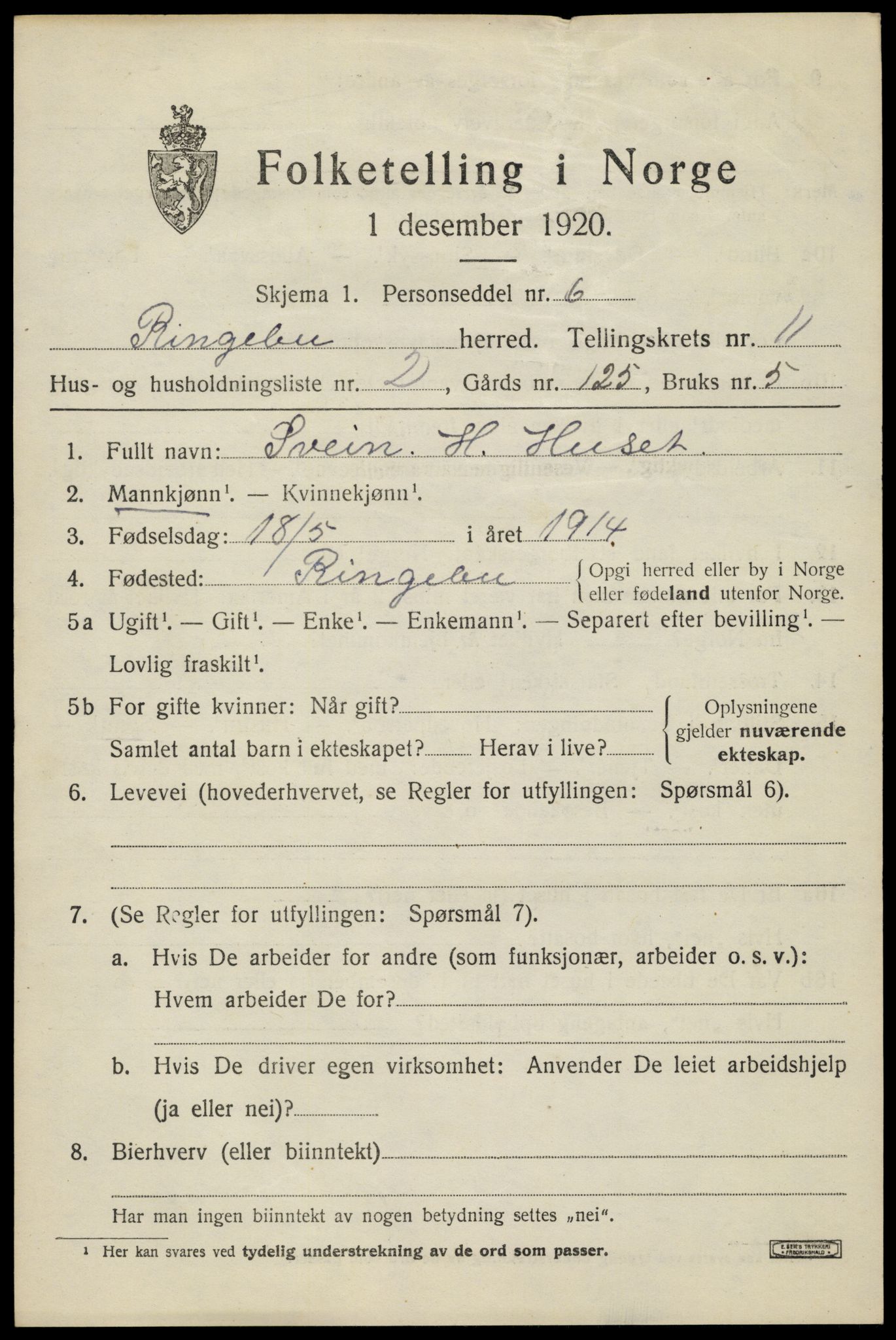SAH, 1920 census for Ringebu, 1920, p. 10907
