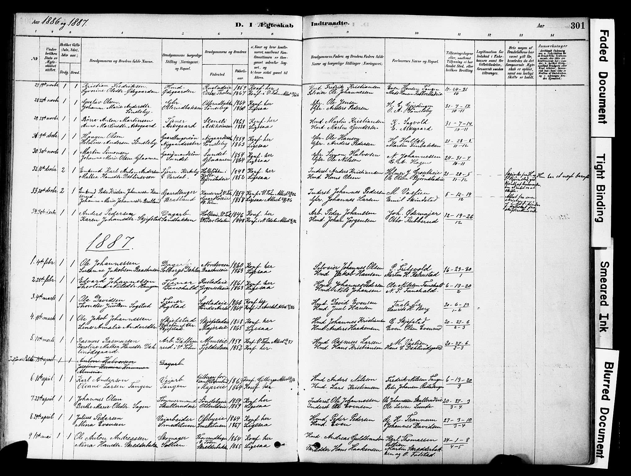 Østre Toten prestekontor, SAH/PREST-104/H/Ha/Haa/L0006: Parish register (official) no. 6 /1, 1878-1896, p. 301