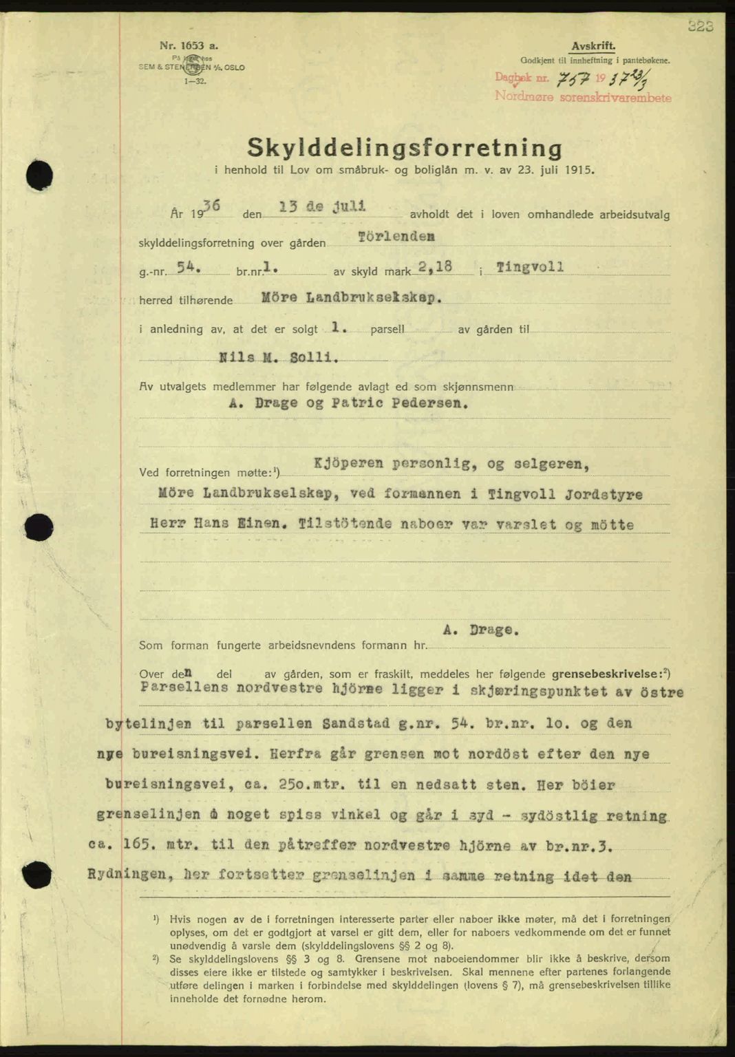 Nordmøre sorenskriveri, AV/SAT-A-4132/1/2/2Ca: Mortgage book no. A81, 1937-1937, Diary no: : 757/1937