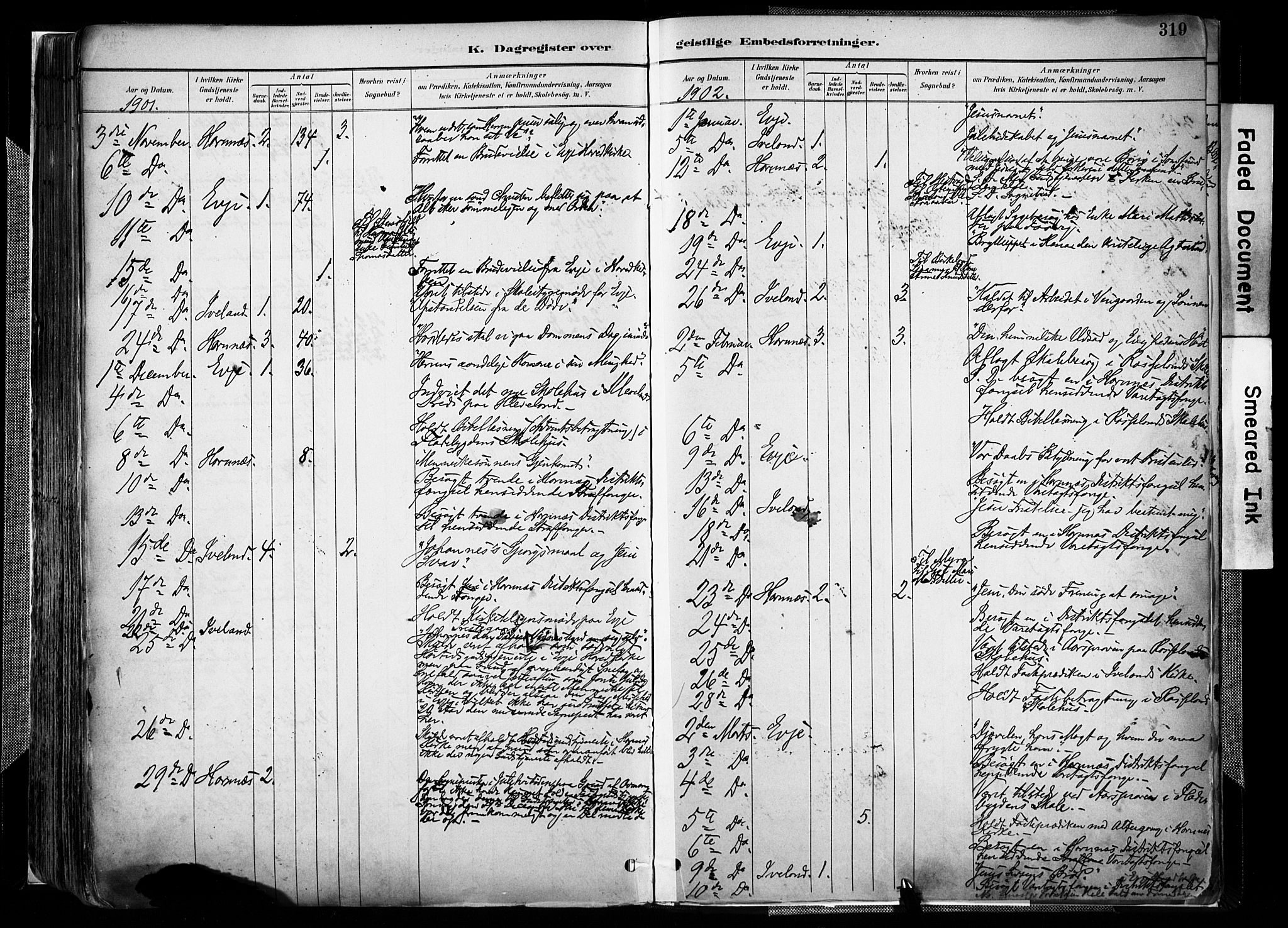 Evje sokneprestkontor, AV/SAK-1111-0008/F/Fa/Faa/L0007: Parish register (official) no. A 7, 1884-1909, p. 319