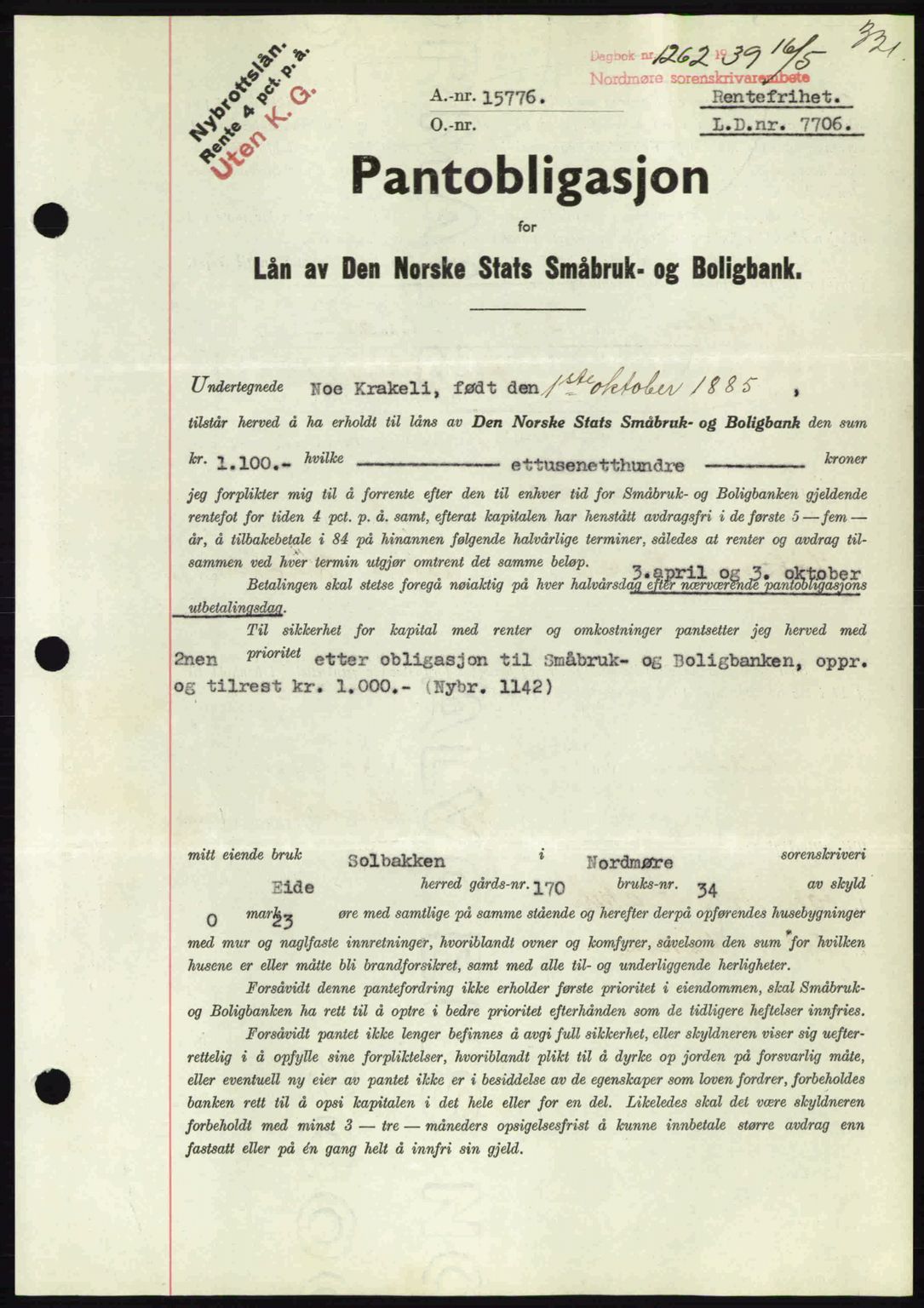 Nordmøre sorenskriveri, AV/SAT-A-4132/1/2/2Ca: Mortgage book no. B85, 1939-1939, Diary no: : 1262/1939