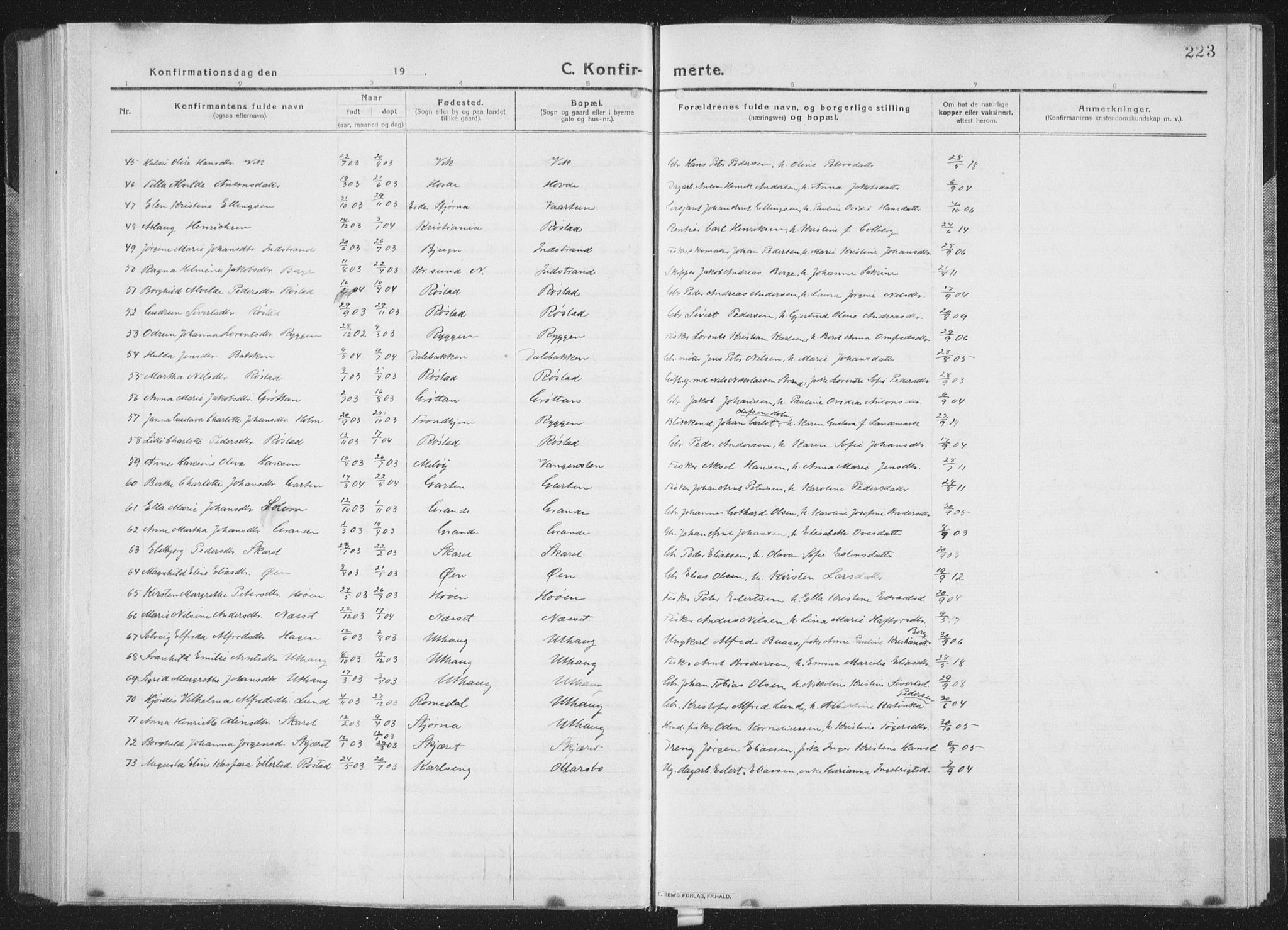 Ministerialprotokoller, klokkerbøker og fødselsregistre - Sør-Trøndelag, SAT/A-1456/659/L0747: Parish register (copy) no. 659C04, 1913-1938, p. 223