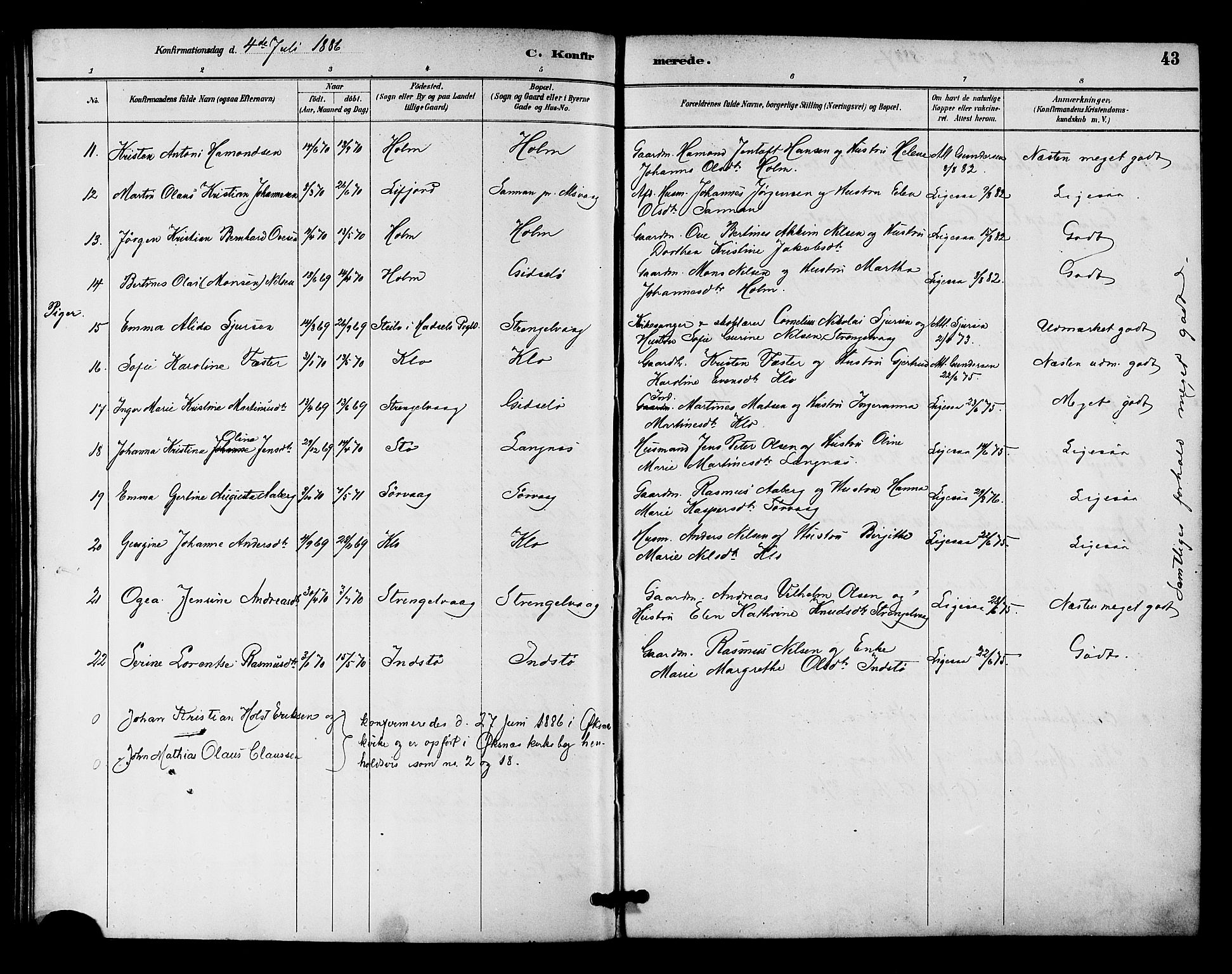 Ministerialprotokoller, klokkerbøker og fødselsregistre - Nordland, AV/SAT-A-1459/894/L1355: Parish register (official) no. 894A01, 1885-1896, p. 43