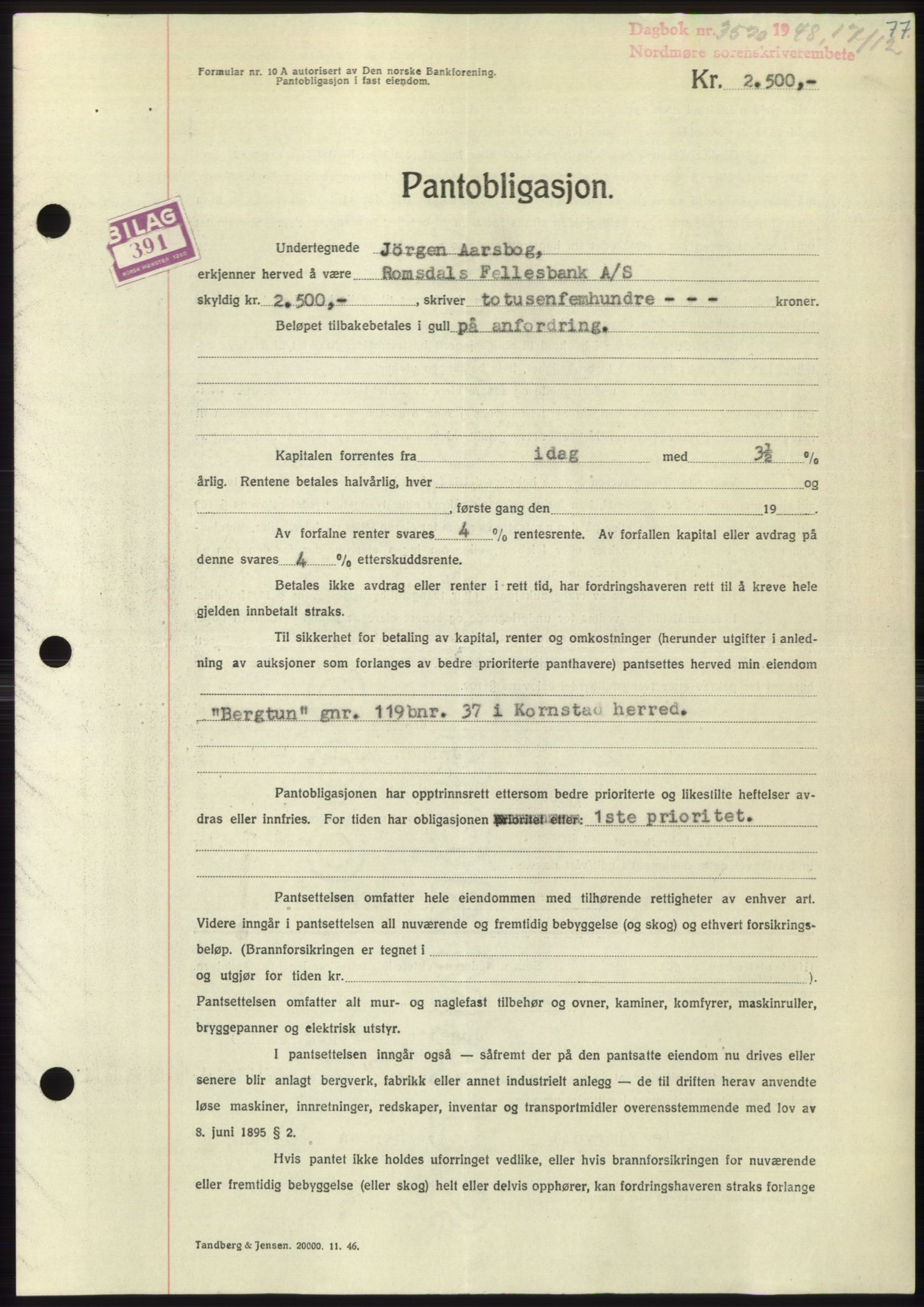 Nordmøre sorenskriveri, AV/SAT-A-4132/1/2/2Ca: Mortgage book no. B100, 1948-1949, Diary no: : 3520/1948