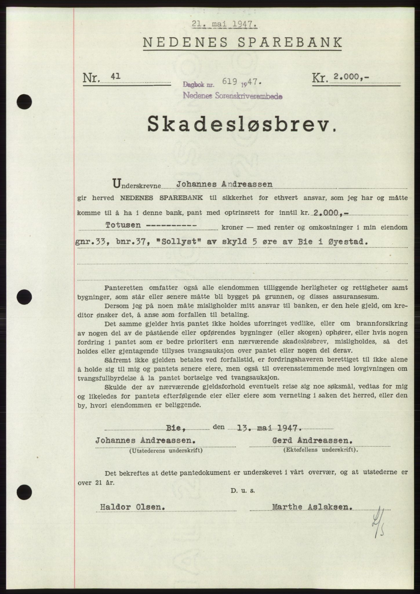 Nedenes sorenskriveri, AV/SAK-1221-0006/G/Gb/Gbb/L0004: Mortgage book no. B4, 1947-1947, Diary no: : 619/1947