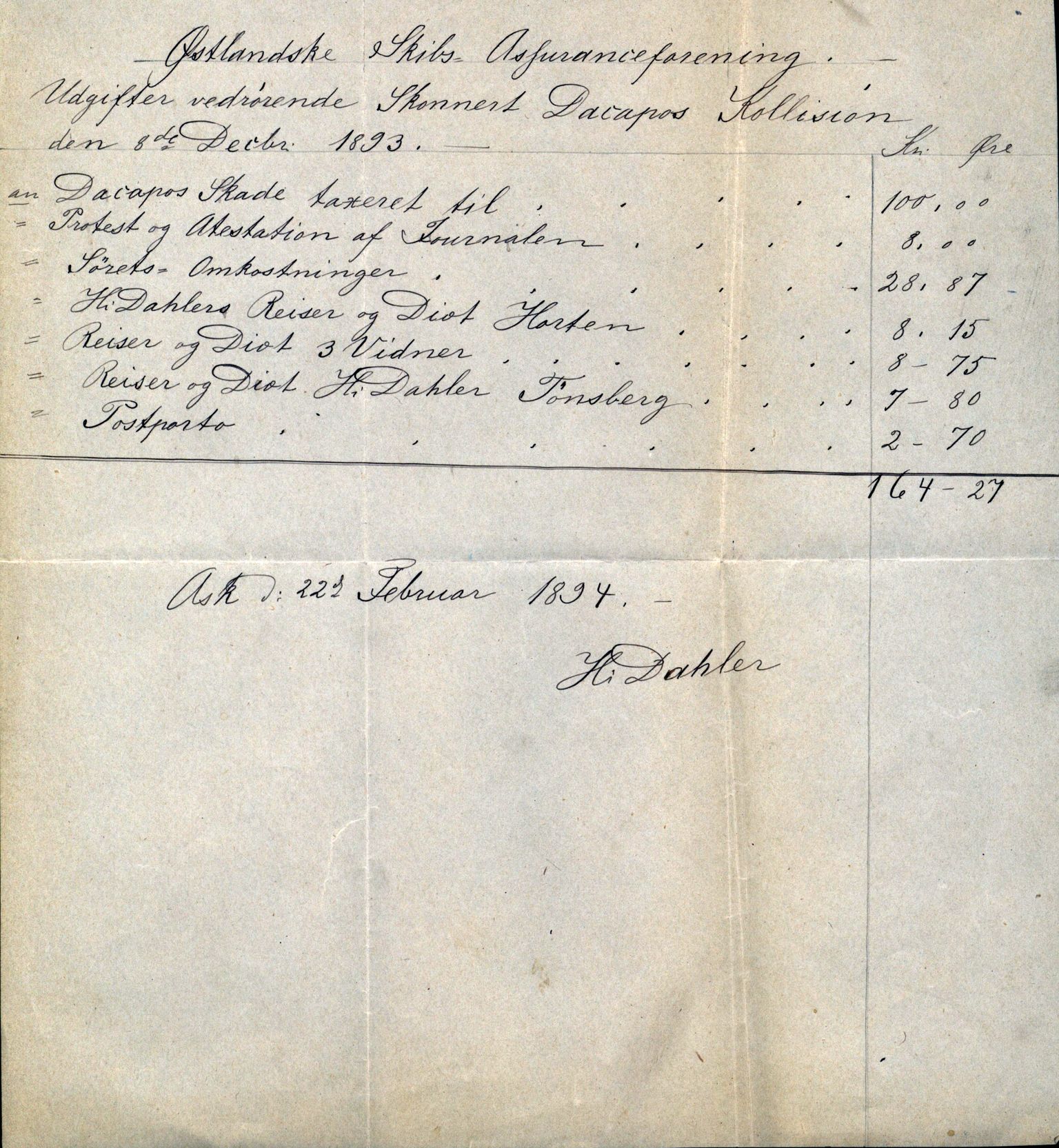 Pa 63 - Østlandske skibsassuranceforening, VEMU/A-1079/G/Ga/L0030/0002: Havaridokumenter / To venner, Emil, Empress, Enterprise, Dacapo, Dato, 1893, p. 97