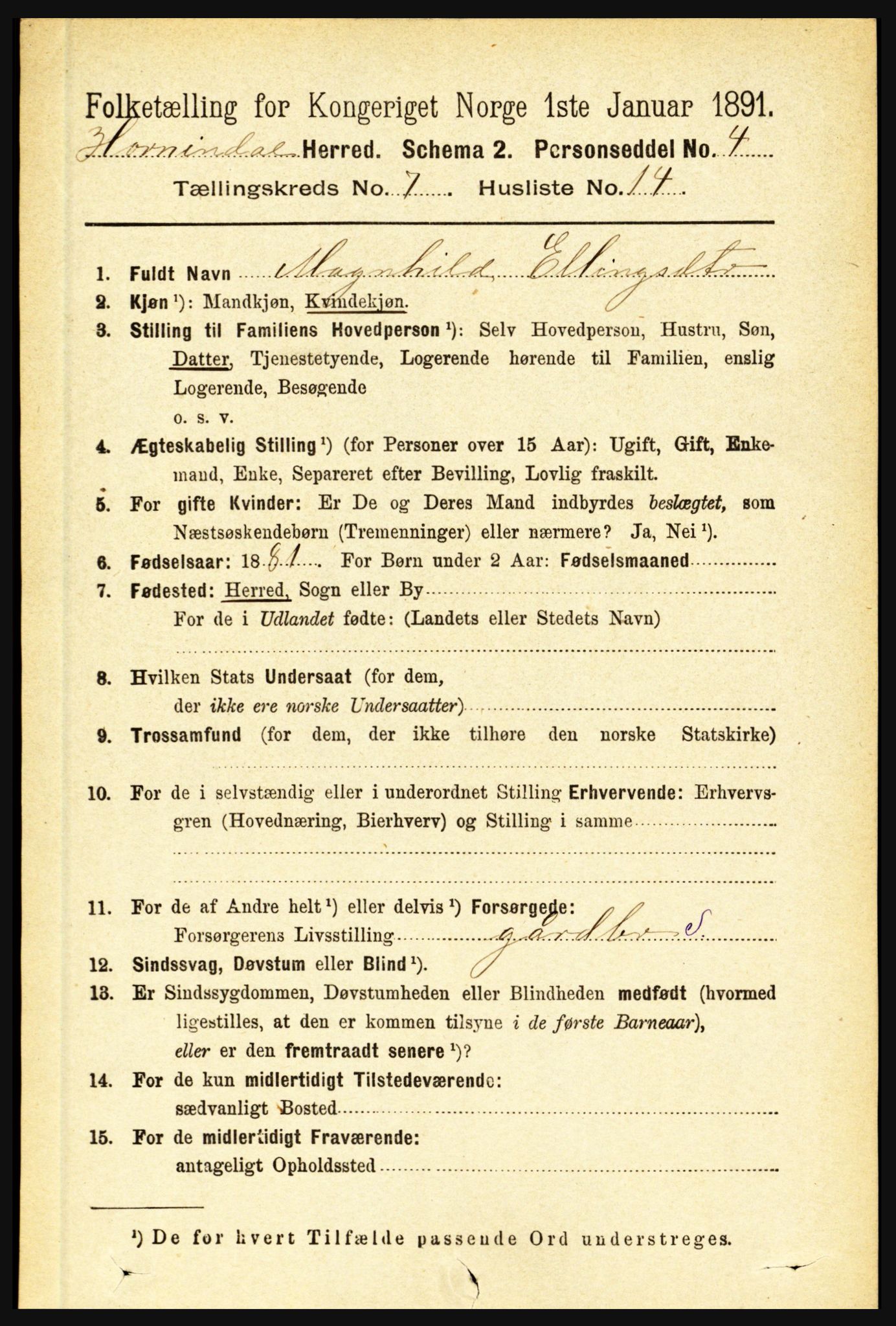 RA, 1891 census for 1444 Hornindal, 1891, p. 1849