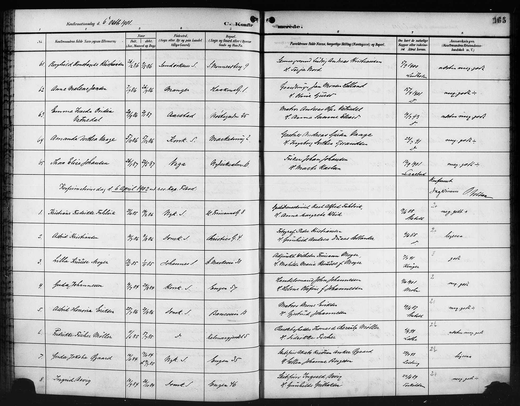 Domkirken sokneprestembete, SAB/A-74801/H/Hab/L0025: Parish register (copy) no. C 5, 1899-1916, p. 165