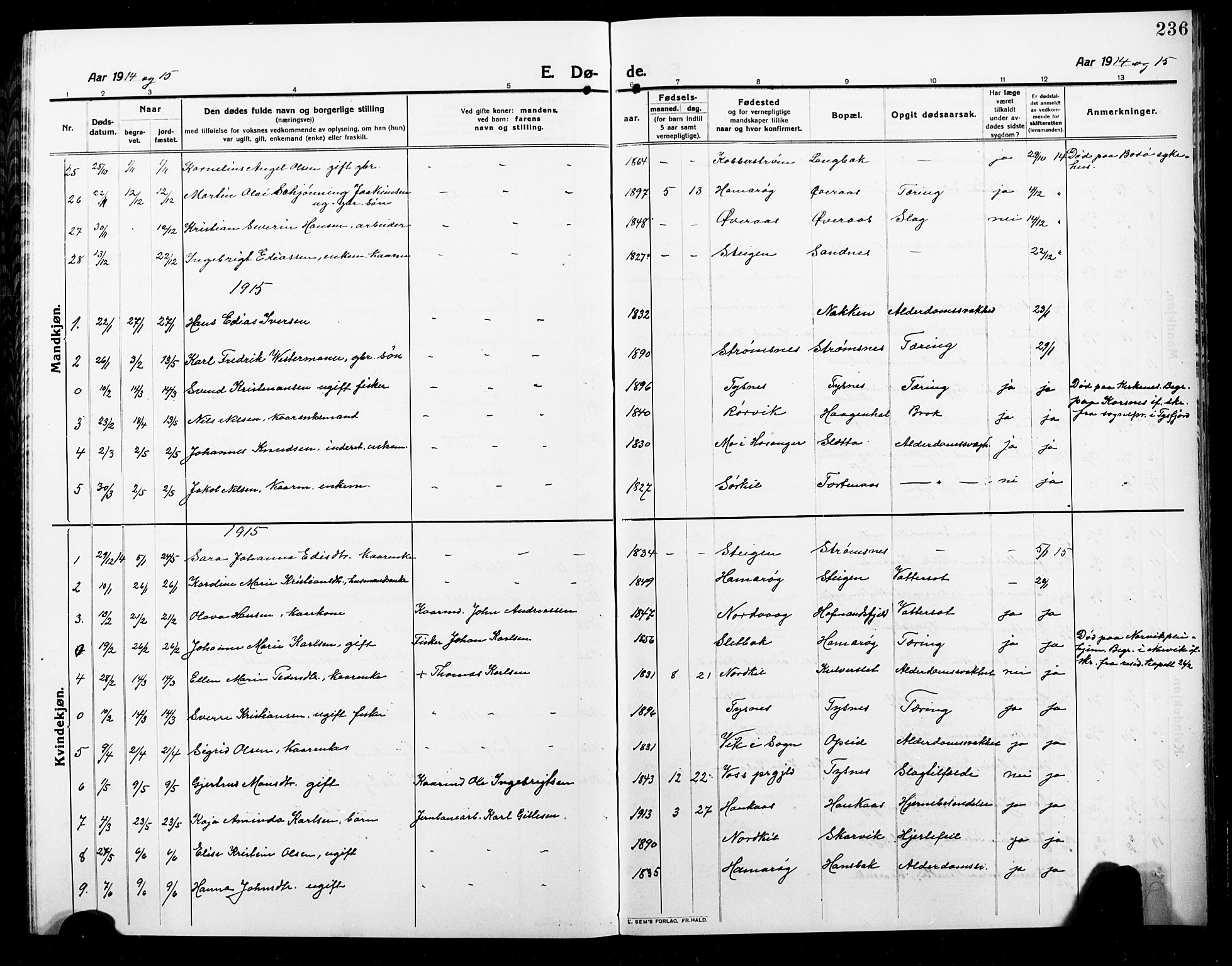 Ministerialprotokoller, klokkerbøker og fødselsregistre - Nordland, AV/SAT-A-1459/859/L0861: Parish register (copy) no. 859C07, 1910-1925, p. 236