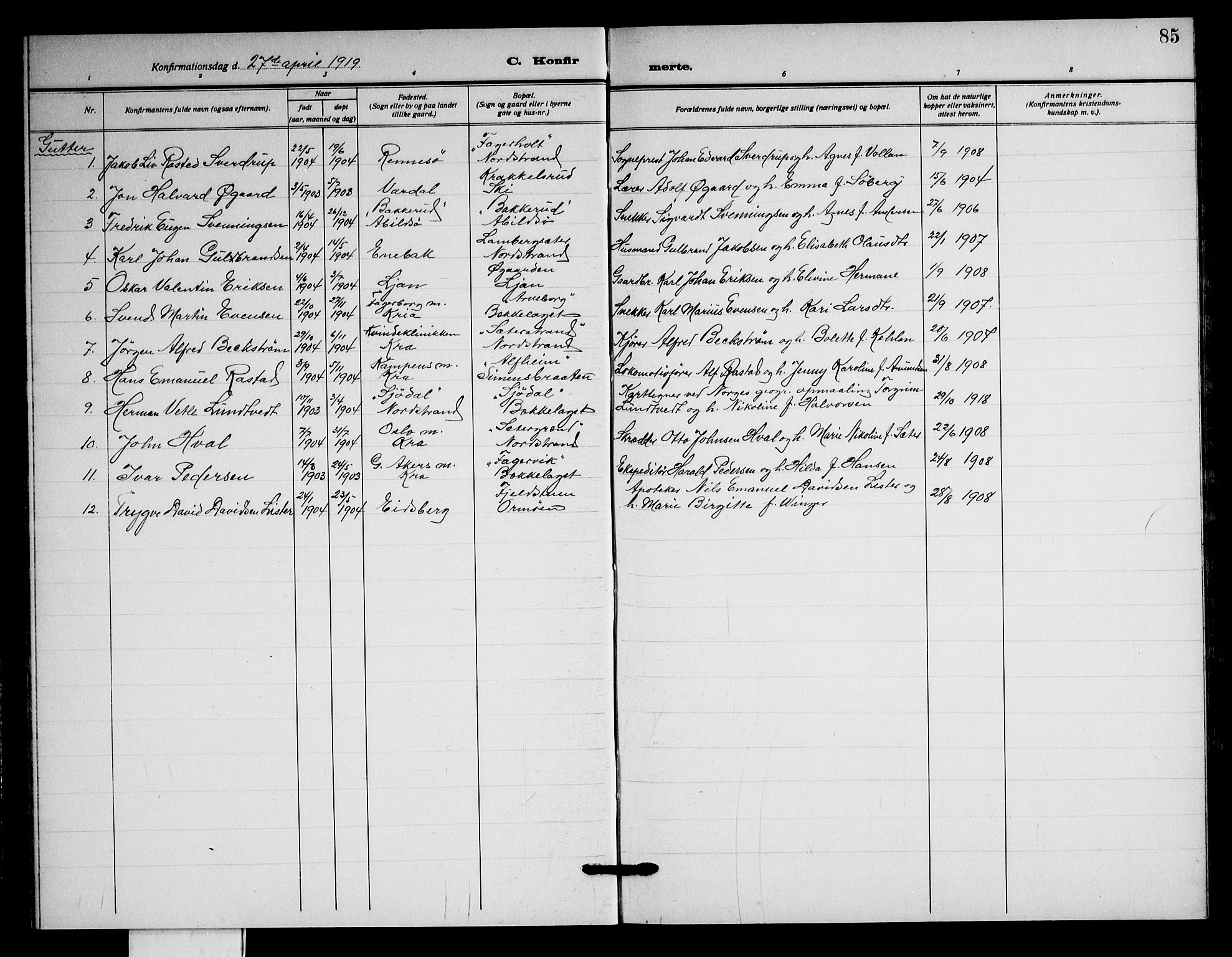Nordstrand prestekontor Kirkebøker, AV/SAO-A-10362a/G/Ga/L0002: Parish register (copy) no. I 2, 1918-1925, p. 85