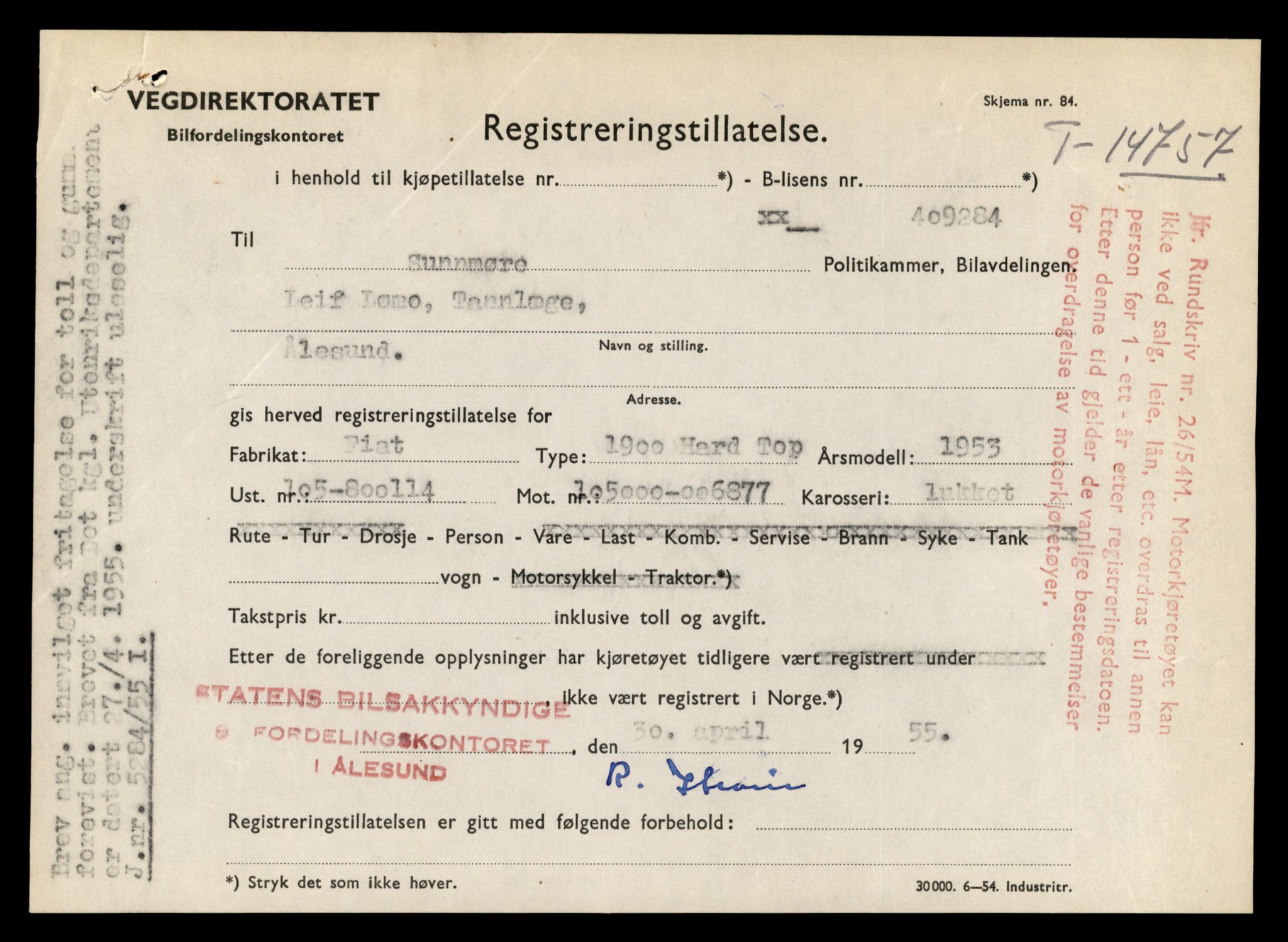Møre og Romsdal vegkontor - Ålesund trafikkstasjon, AV/SAT-A-4099/F/Fe/L0048: Registreringskort for kjøretøy T 14721 - T 14863, 1927-1998, p. 703