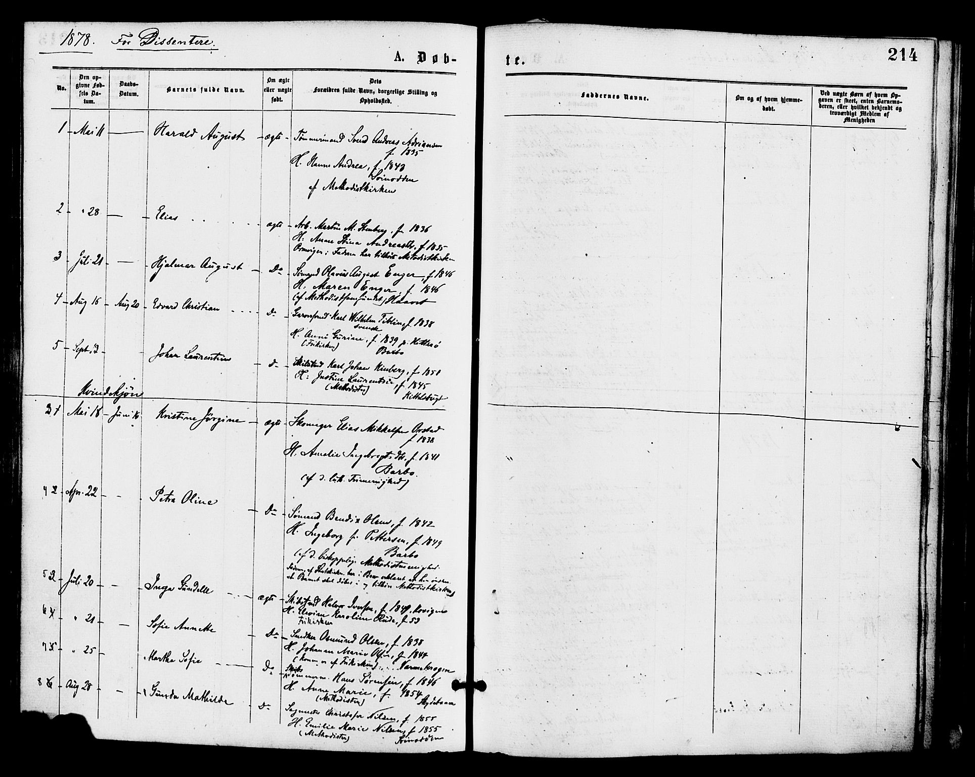 Barbu sokneprestkontor, AV/SAK-1111-0003/F/Fa/L0001: Parish register (official) no. A 1 /1, 1878-1883, p. 214