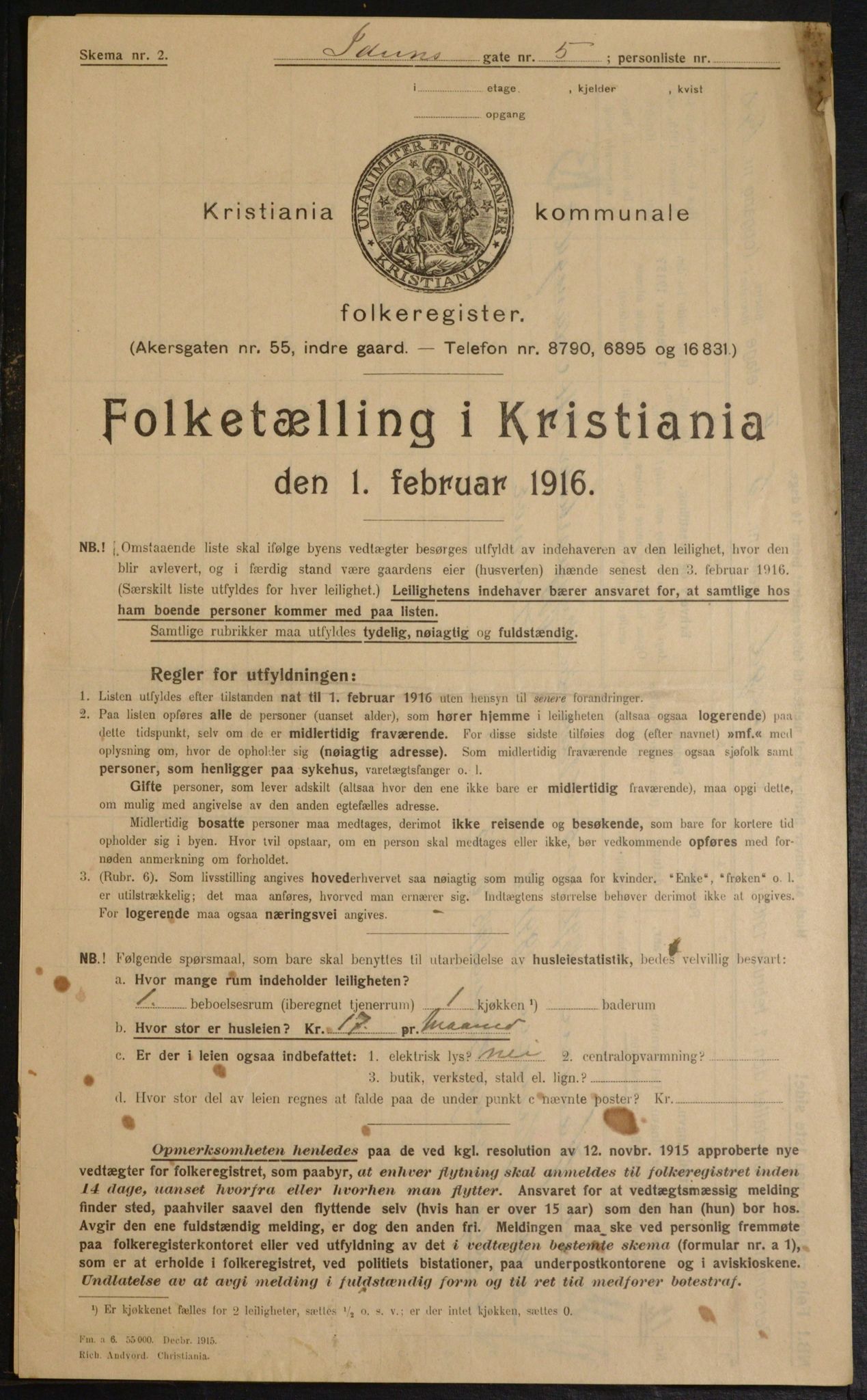 OBA, Municipal Census 1916 for Kristiania, 1916, p. 44084