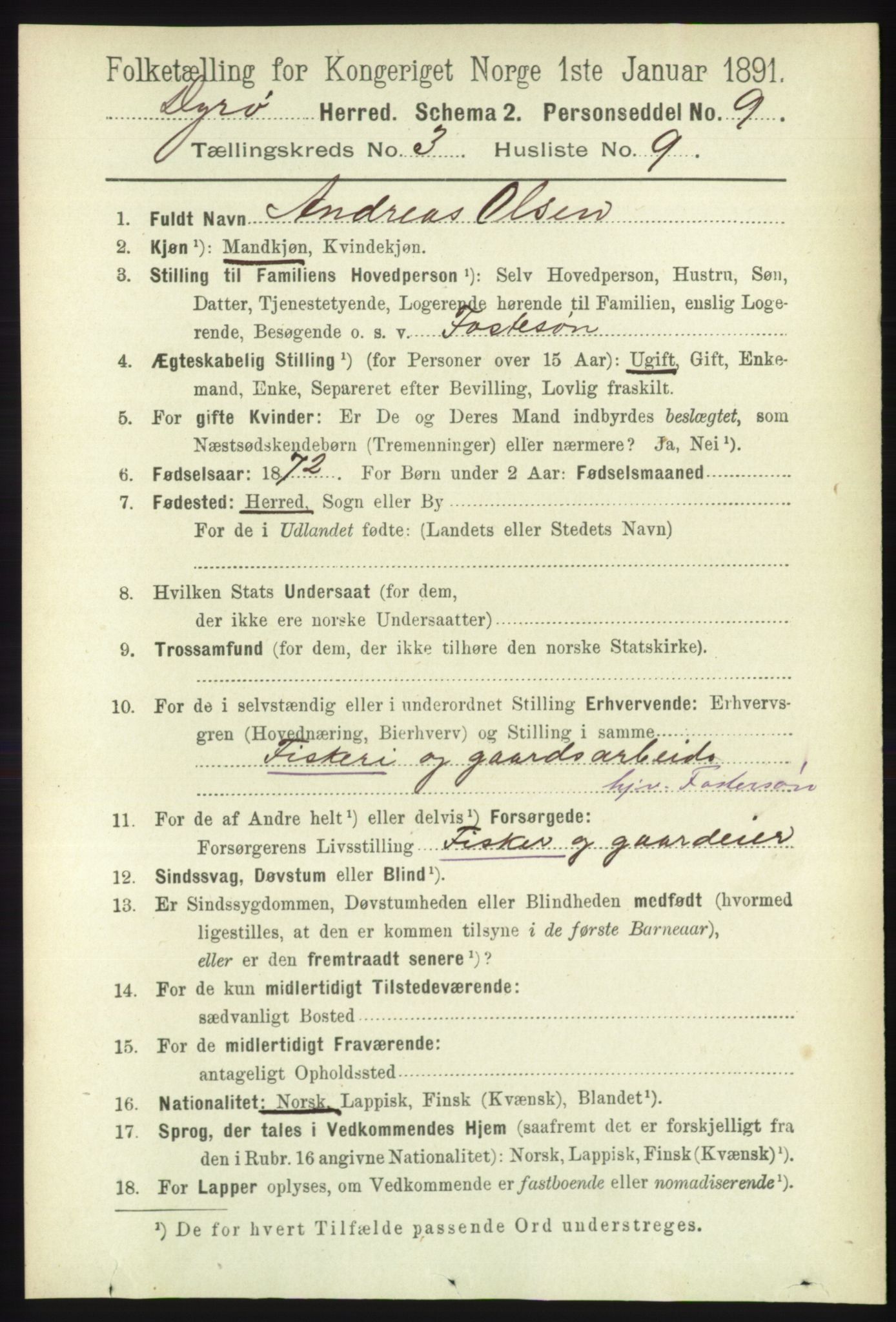 RA, 1891 census for 1926 Dyrøy, 1891, p. 1229