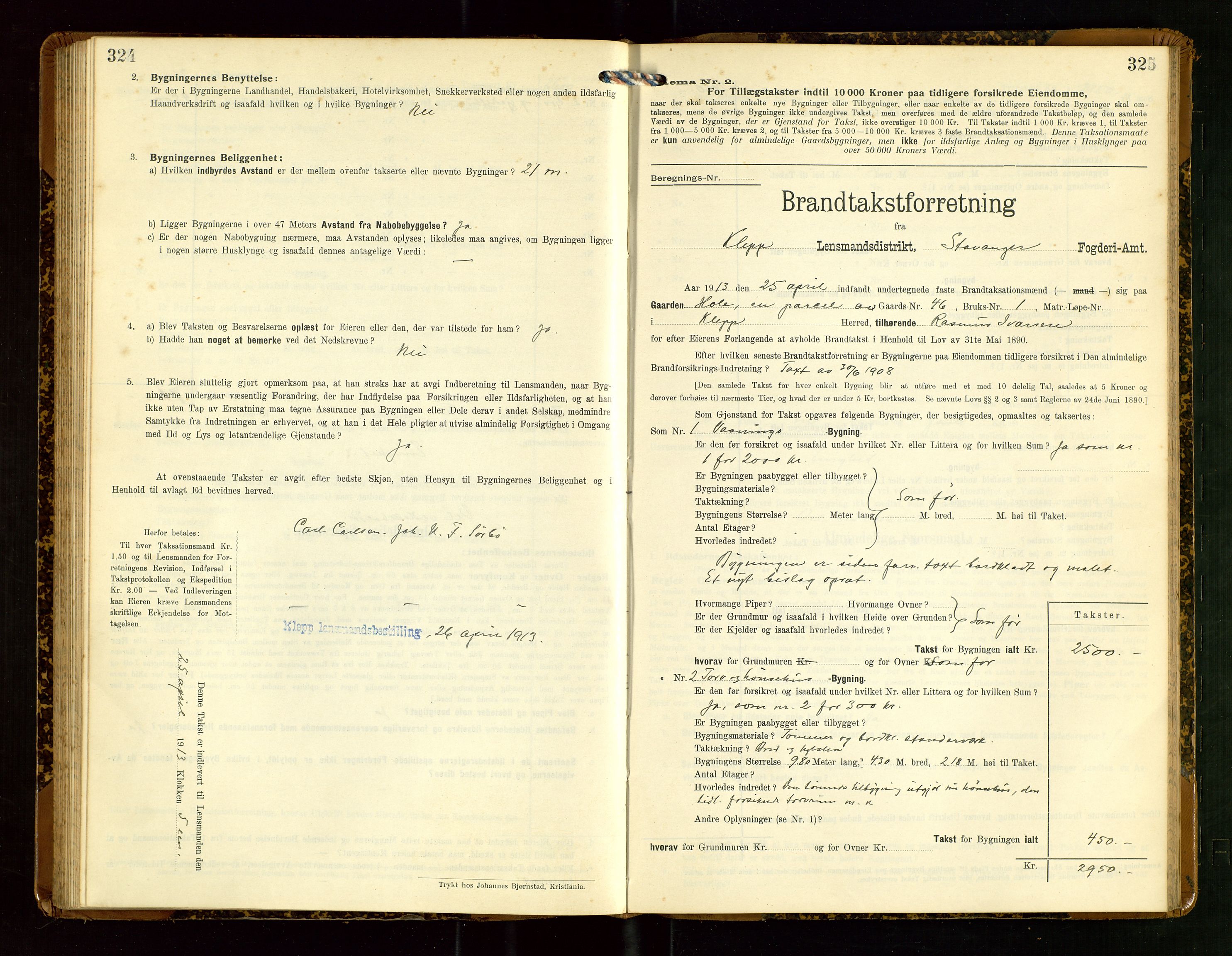 Klepp lensmannskontor, AV/SAST-A-100163/Goc/L0007: "Brandtaxationsprotokol" m/register, 1911-1915, p. 324-325