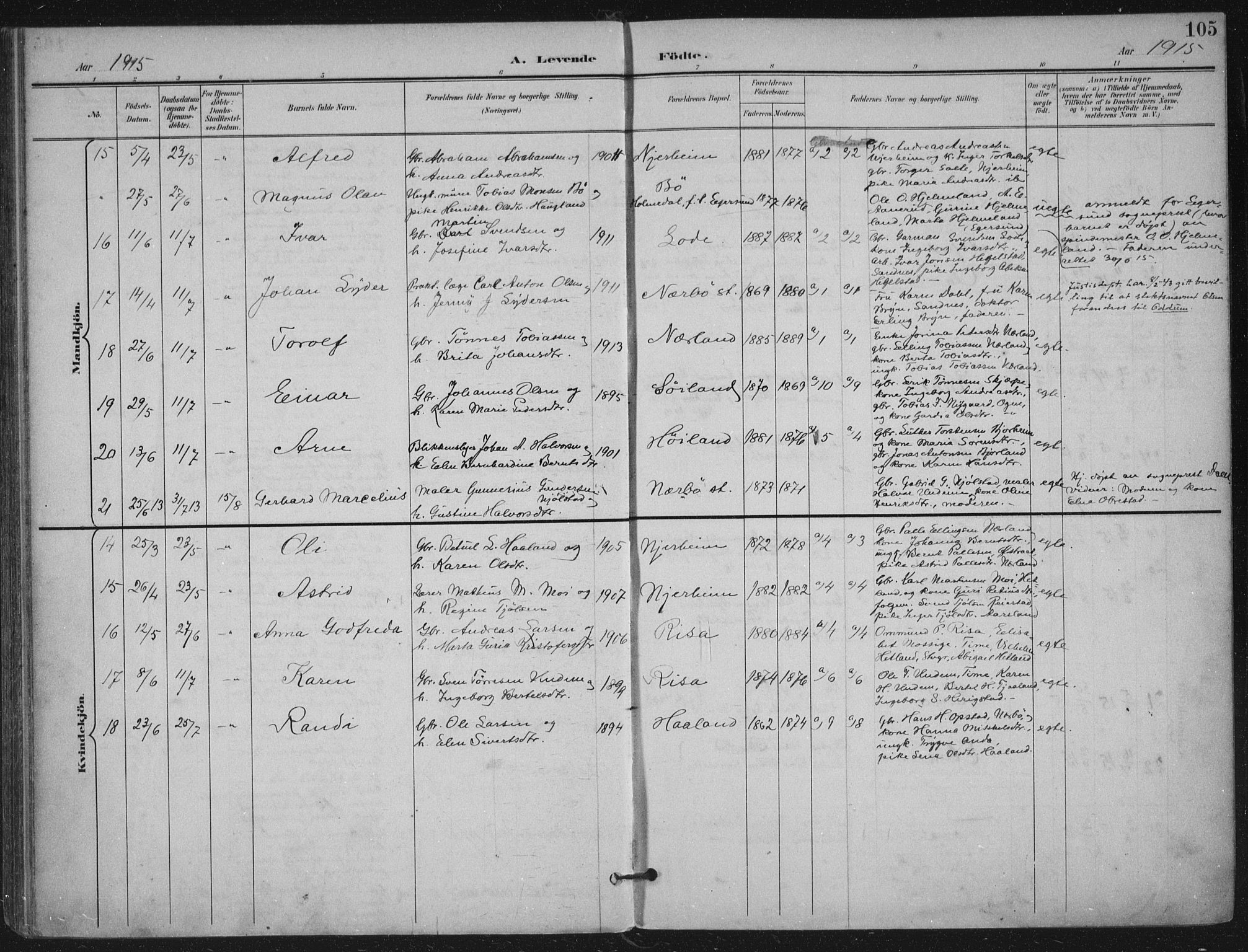 Hå sokneprestkontor, AV/SAST-A-101801/002/B/L0001: Parish register (official) no. A 11, 1897-1924, p. 105