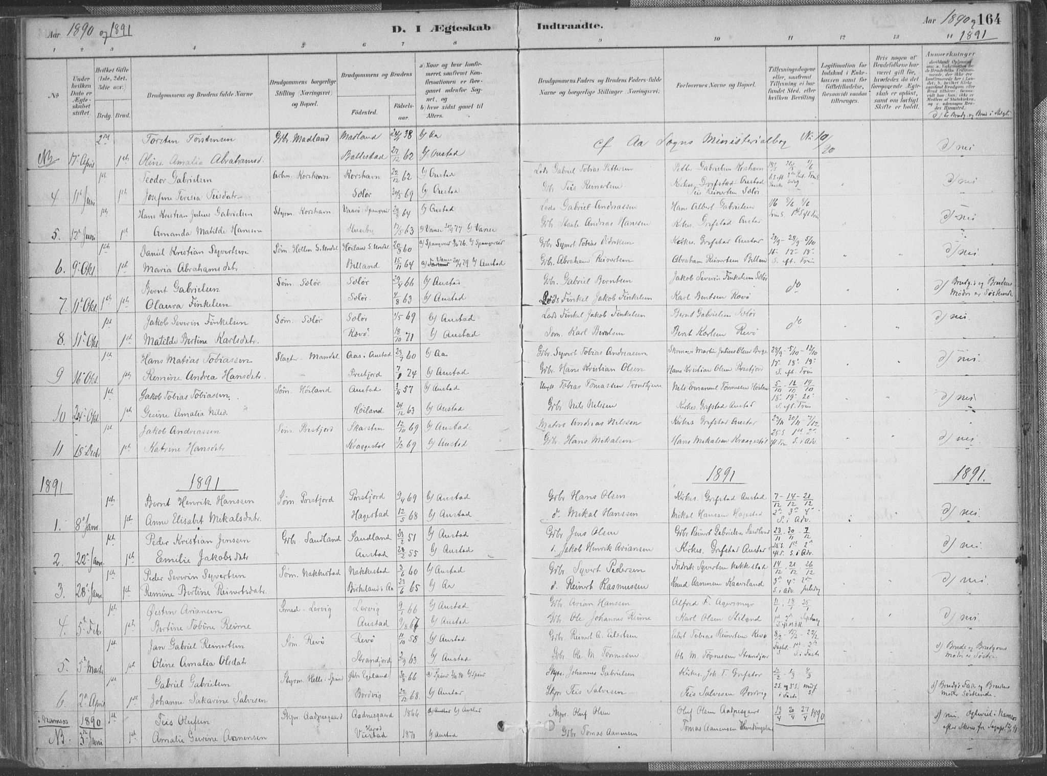 Lyngdal sokneprestkontor, SAK/1111-0029/F/Fa/Faa/L0004: Parish register (official) no. A 4, 1883-1904, p. 164