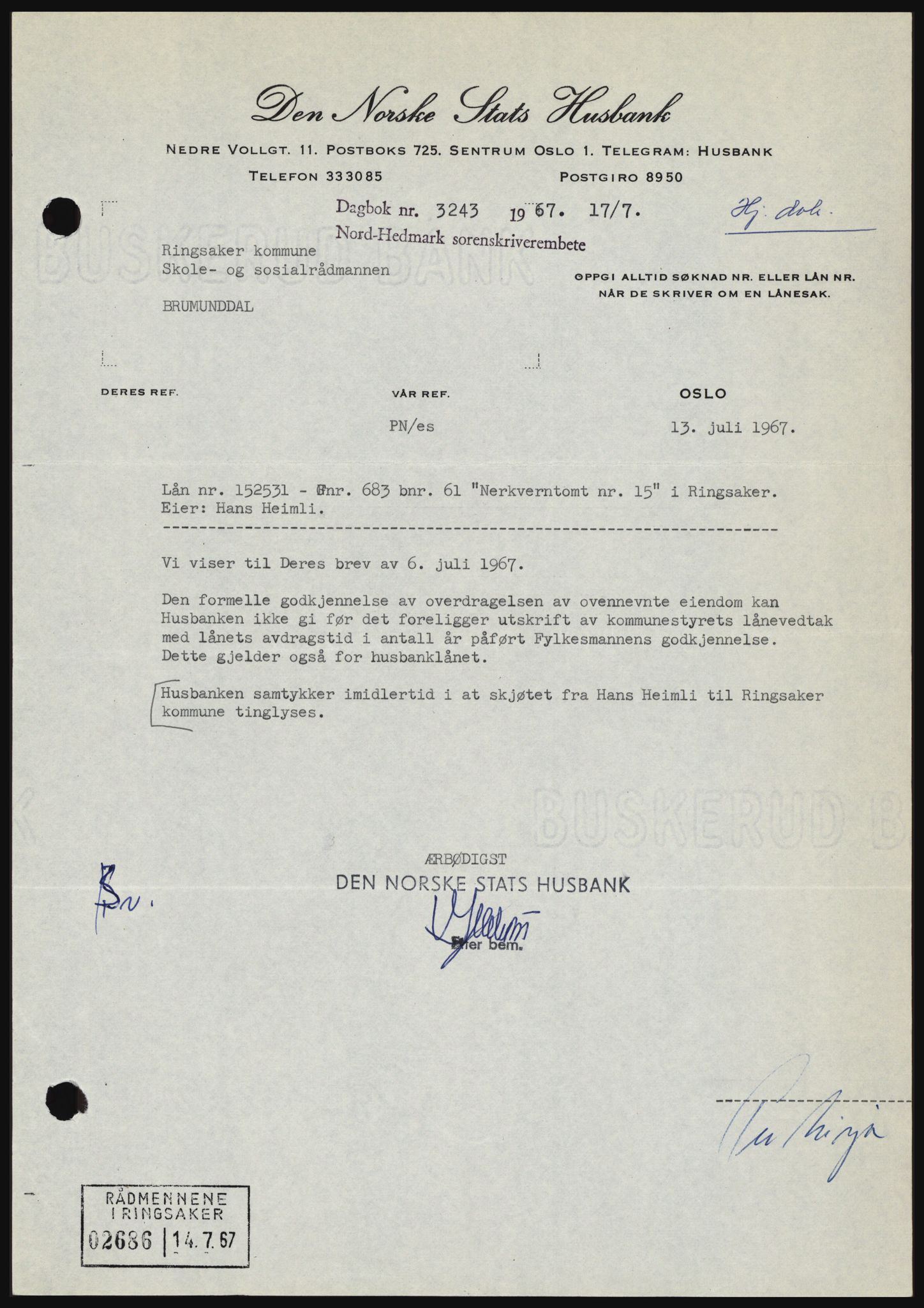 Nord-Hedmark sorenskriveri, SAH/TING-012/H/Hc/L0026: Mortgage book no. 26, 1967-1967, Diary no: : 3243/1967