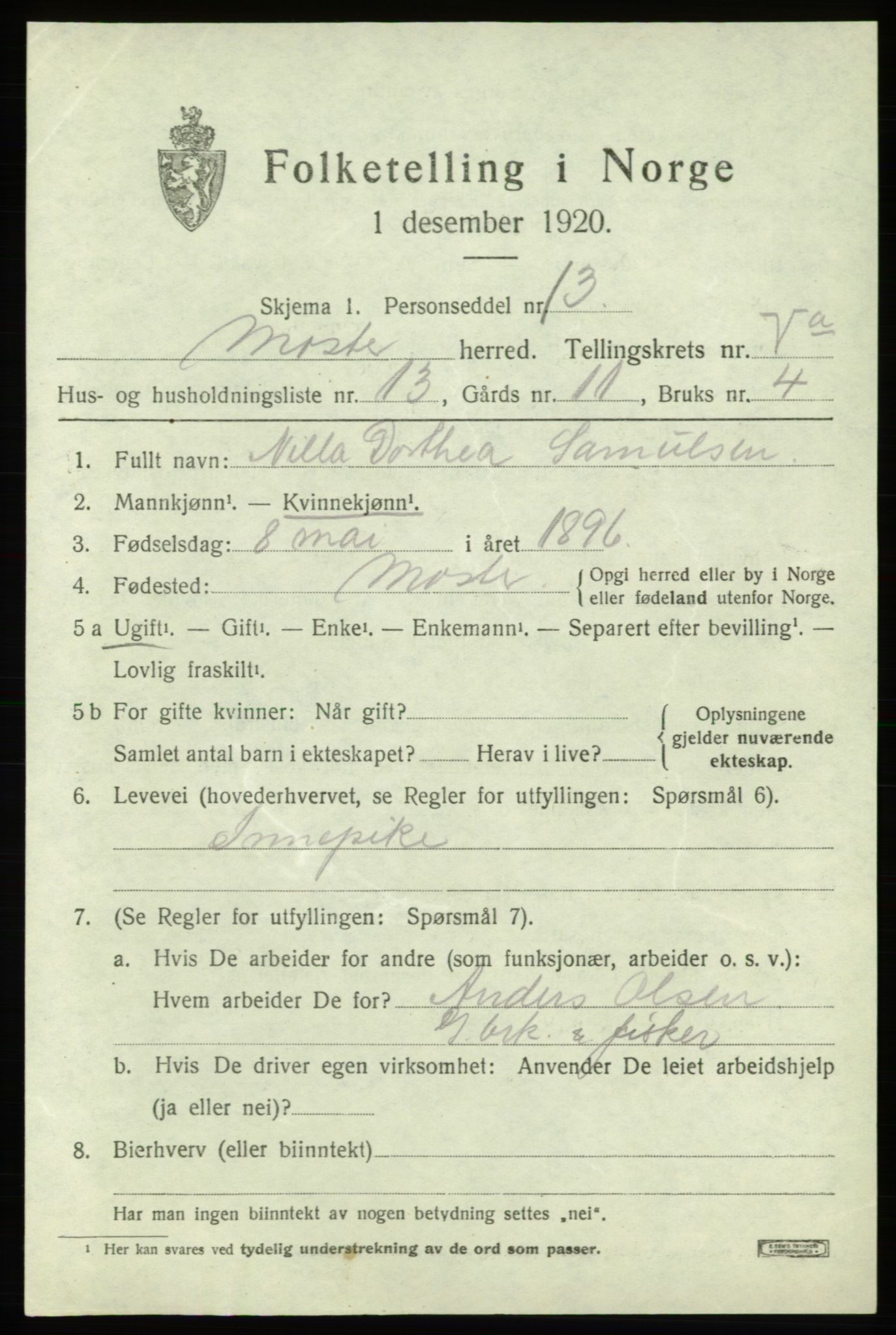 SAB, 1920 census for Moster, 1920, p. 1685