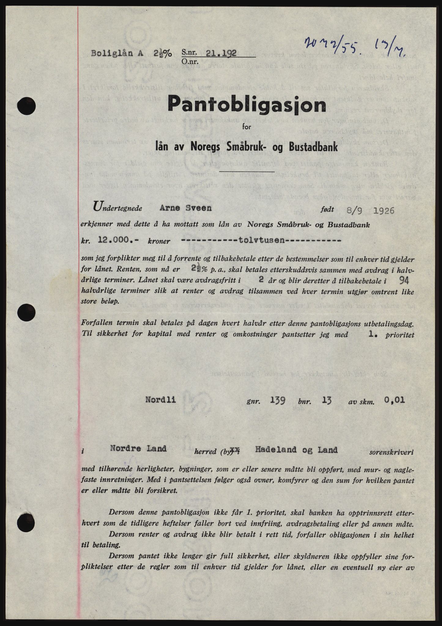 Hadeland og Land tingrett, SAH/TING-010/H/Hb/Hbc/L0032: Mortgage book no. B32, 1955-1955, Diary no: : 2072/1955