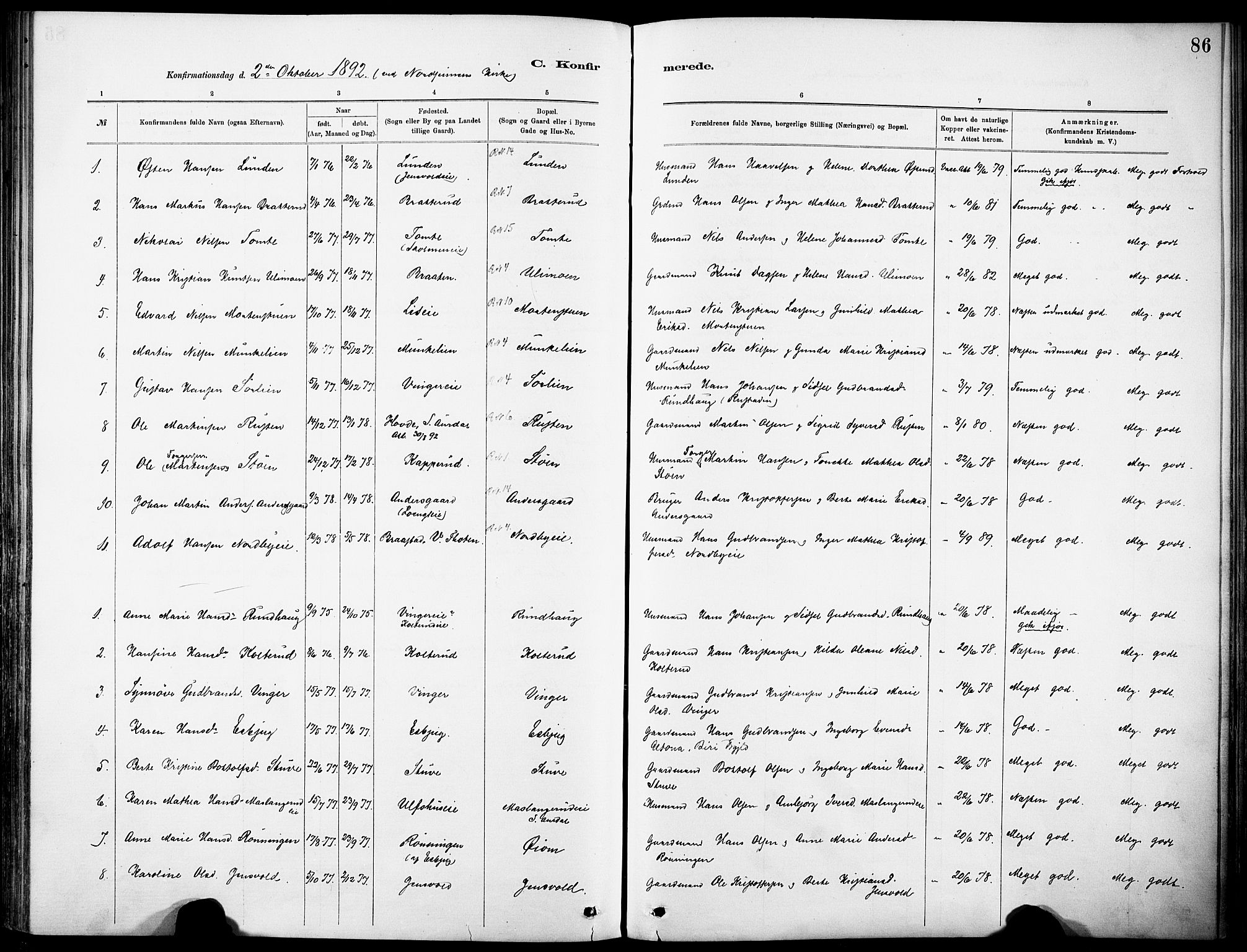 Nordre Land prestekontor, SAH/PREST-124/H/Ha/Haa/L0005: Parish register (official) no. 5, 1882-1903, p. 86