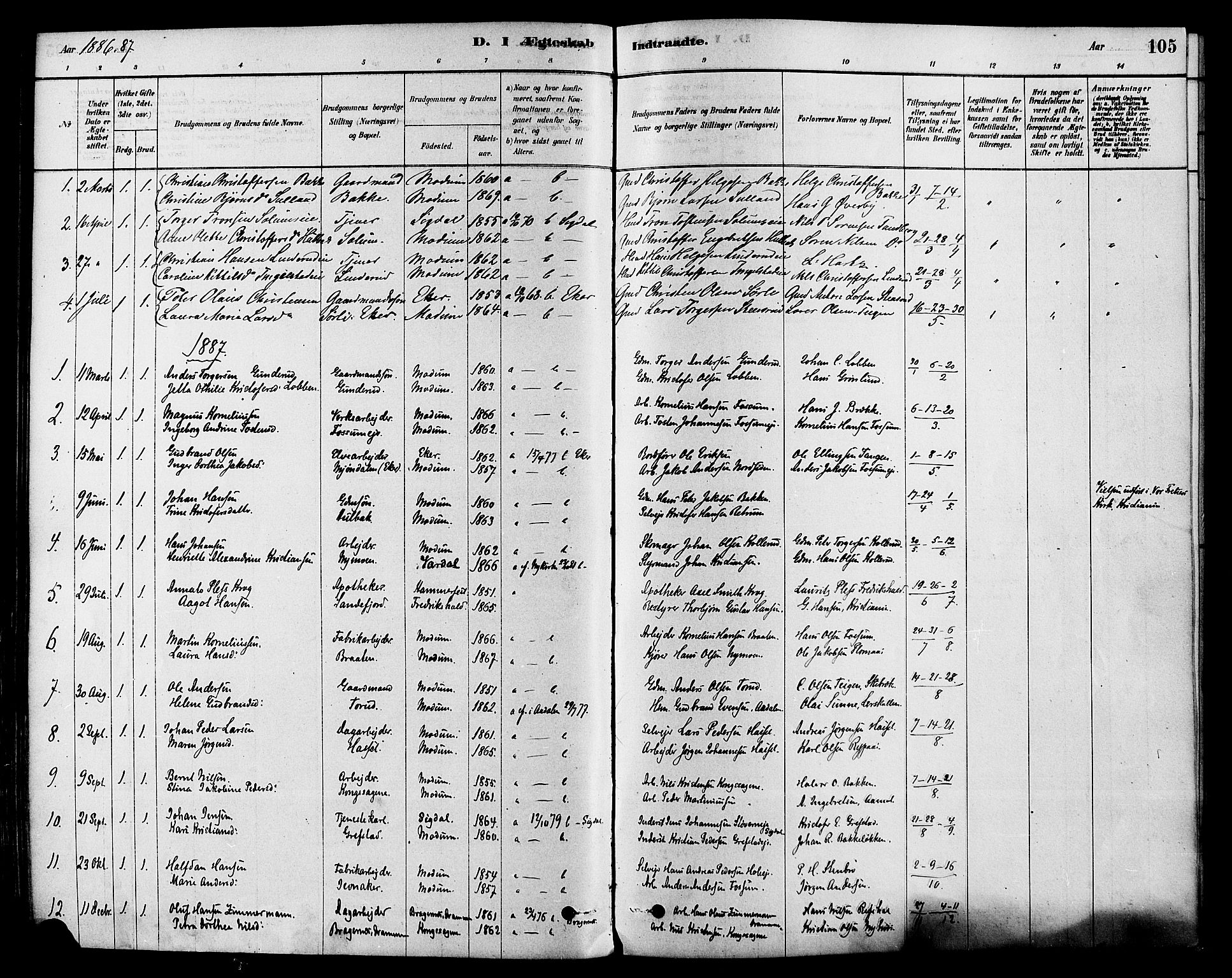 Modum kirkebøker, SAKO/A-234/F/Fa/L0015: Parish register (official) no. 15 /1, 1877-1889, p. 105