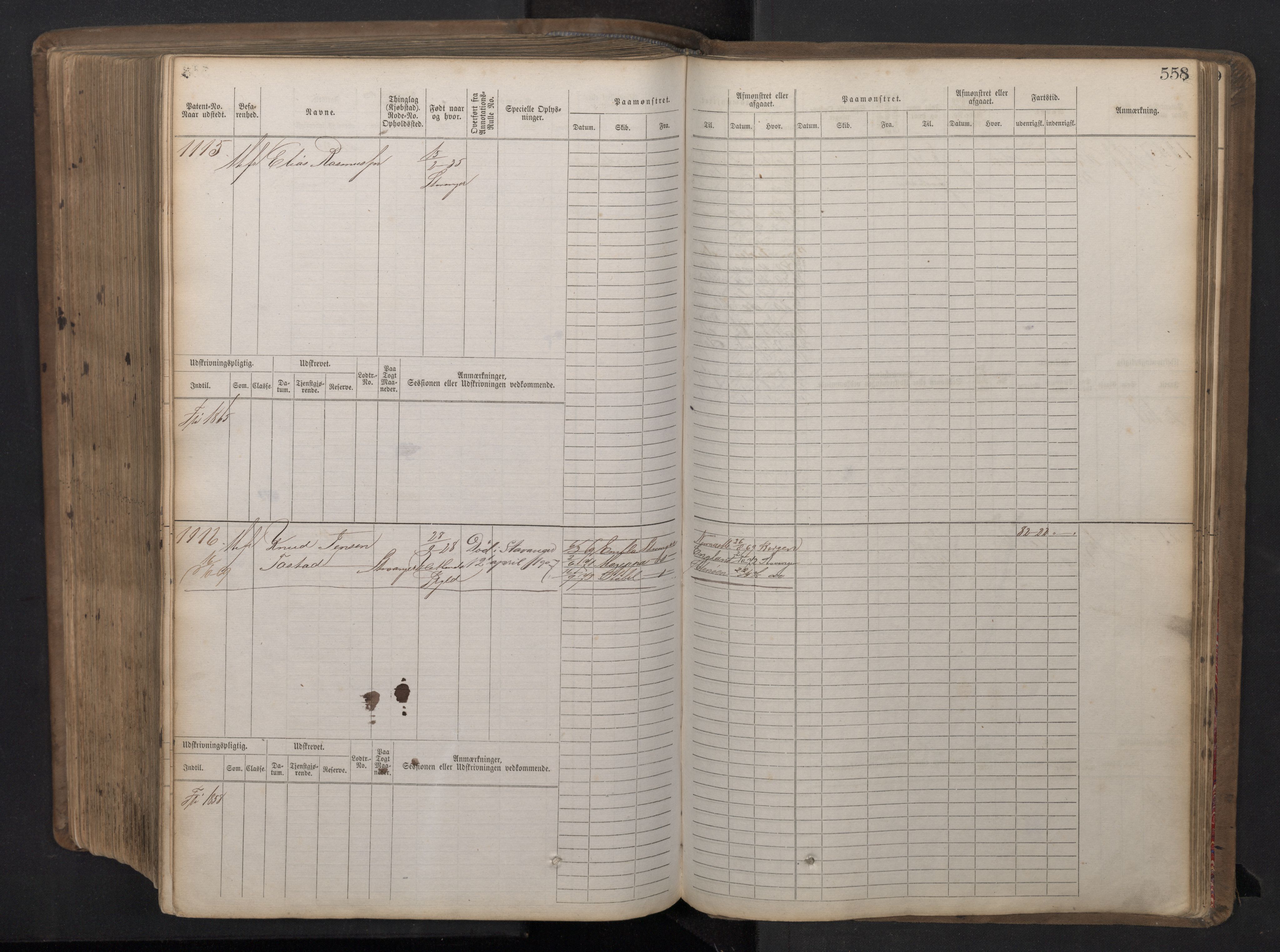 Stavanger sjømannskontor, AV/SAST-A-102006/F/Fb/Fbb/L0016: Sjøfartshovedrulle patnentnr. 1-1202 (dublett), 1869, p. 558