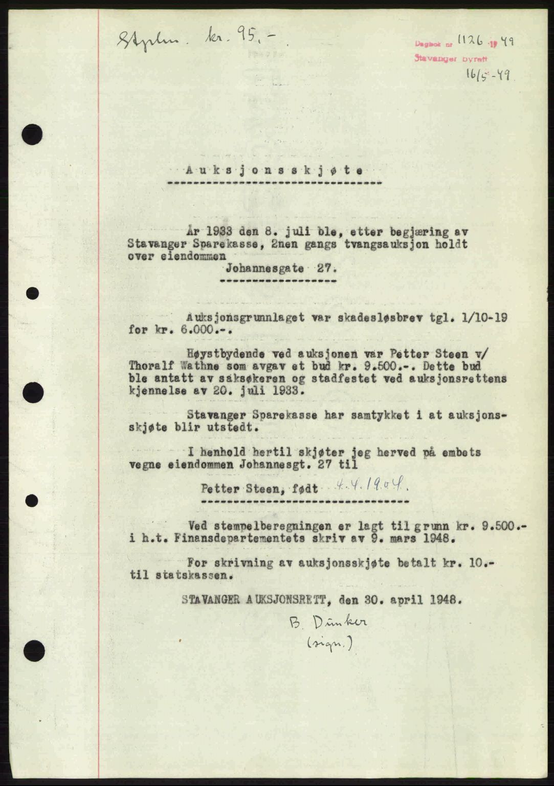 Stavanger byrett, SAST/A-100455/002/G/Gb/L0023: Mortgage book no. A12, 1948-1949, Diary no: : 1126/1949