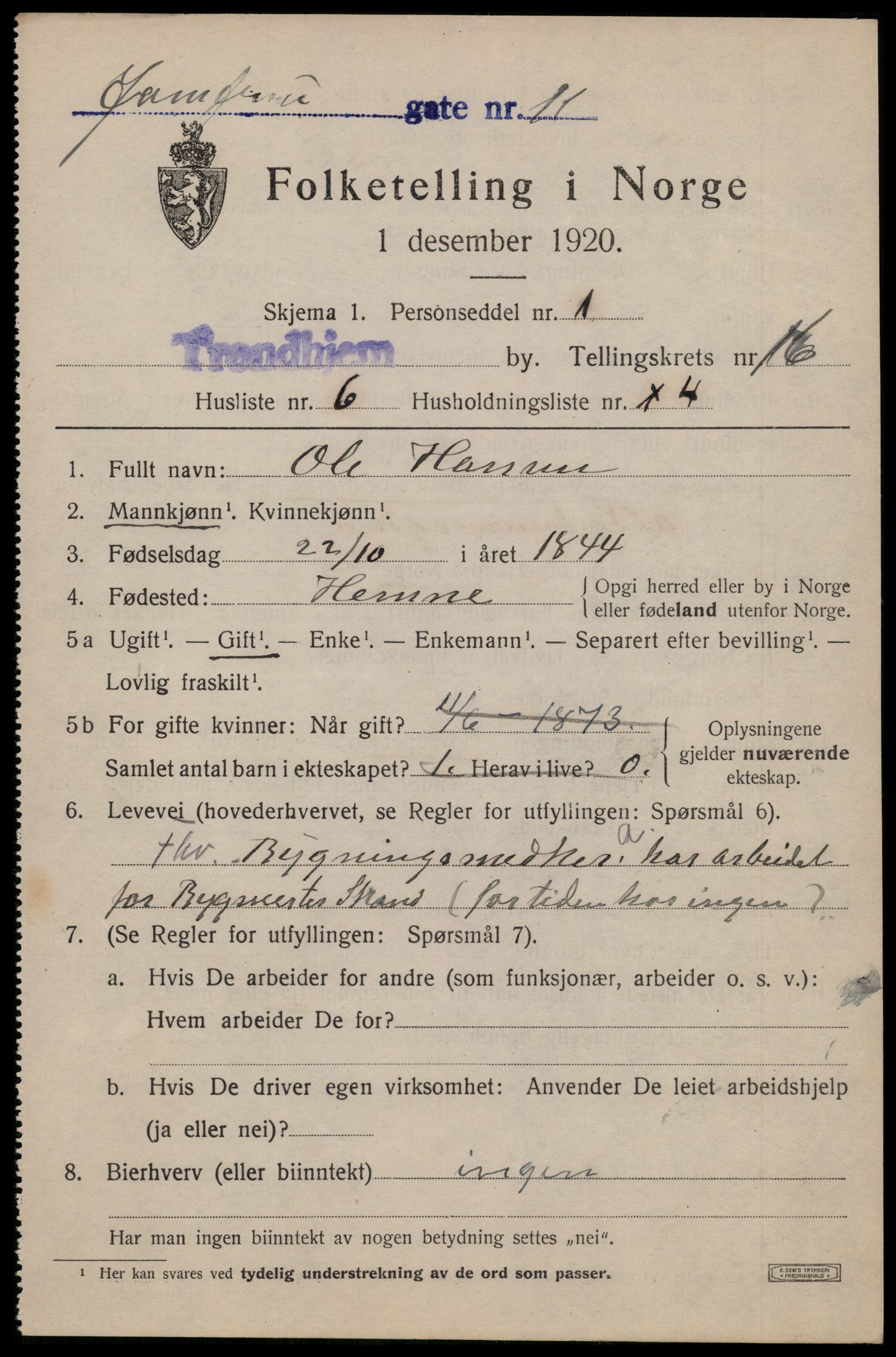 SAT, 1920 census for Trondheim, 1920, p. 54216