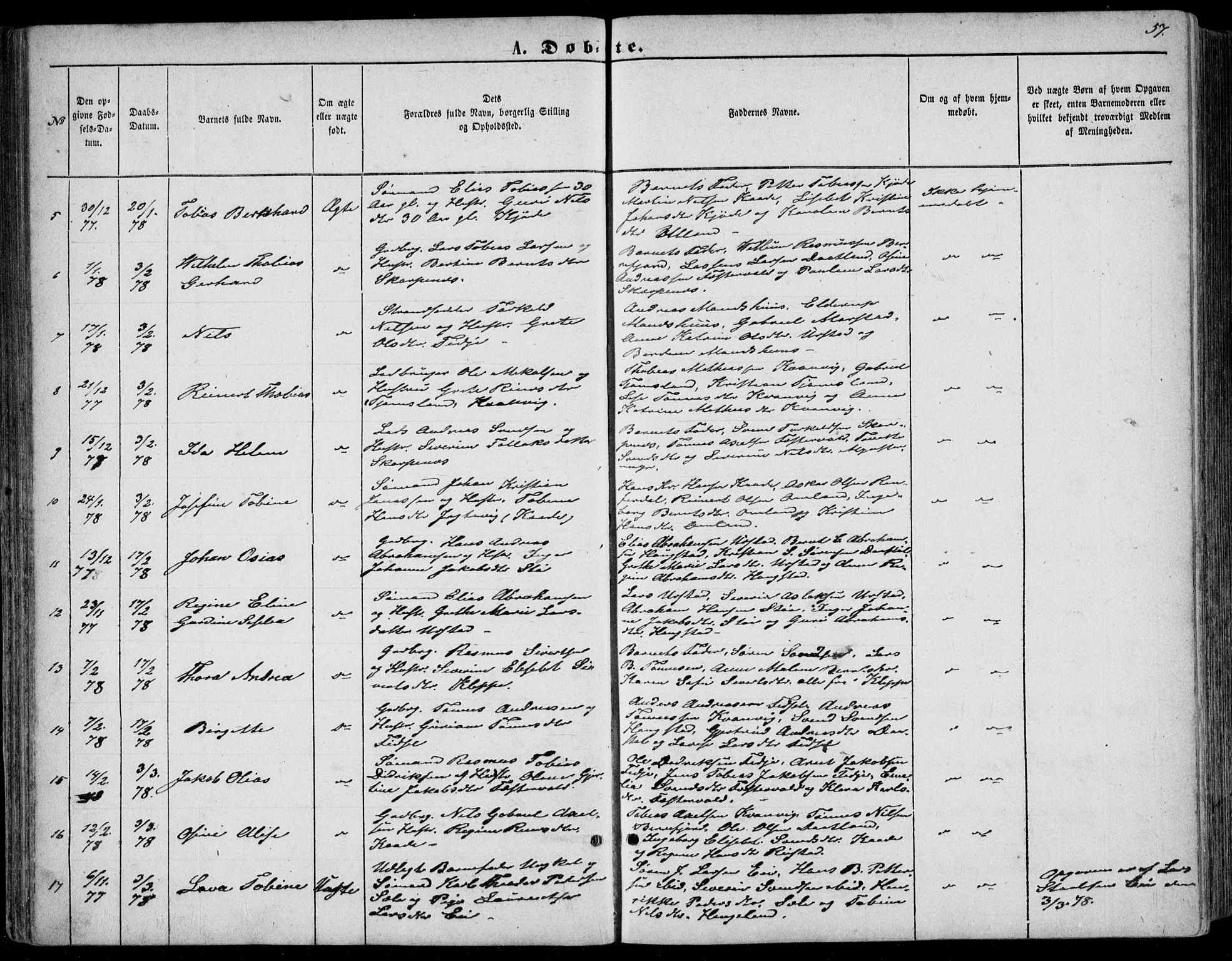 Flekkefjord sokneprestkontor, AV/SAK-1111-0012/F/Fb/Fbb/L0003: Parish register (copy) no. B 3, 1867-1889, p. 57