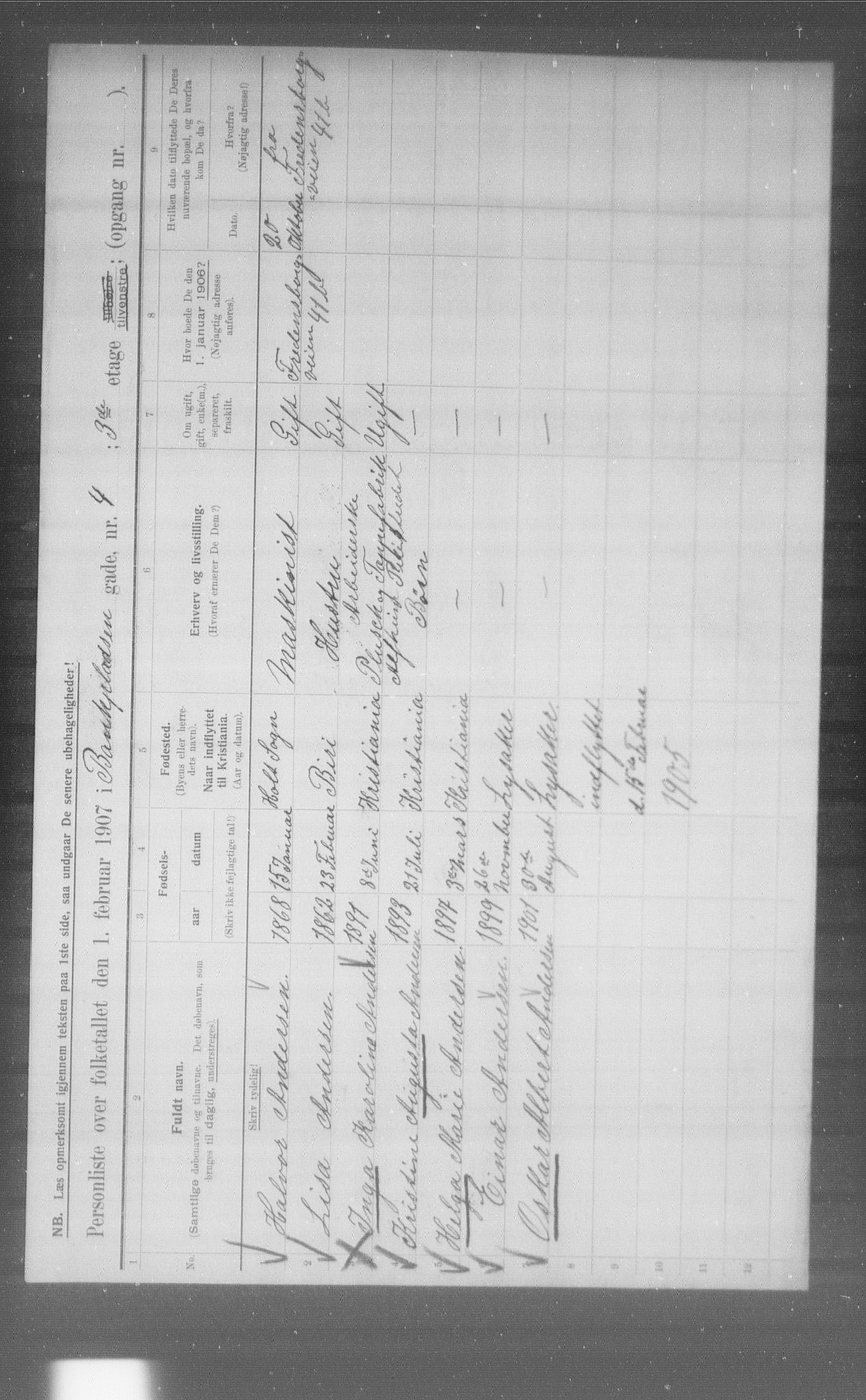 OBA, Municipal Census 1907 for Kristiania, 1907, p. 1787