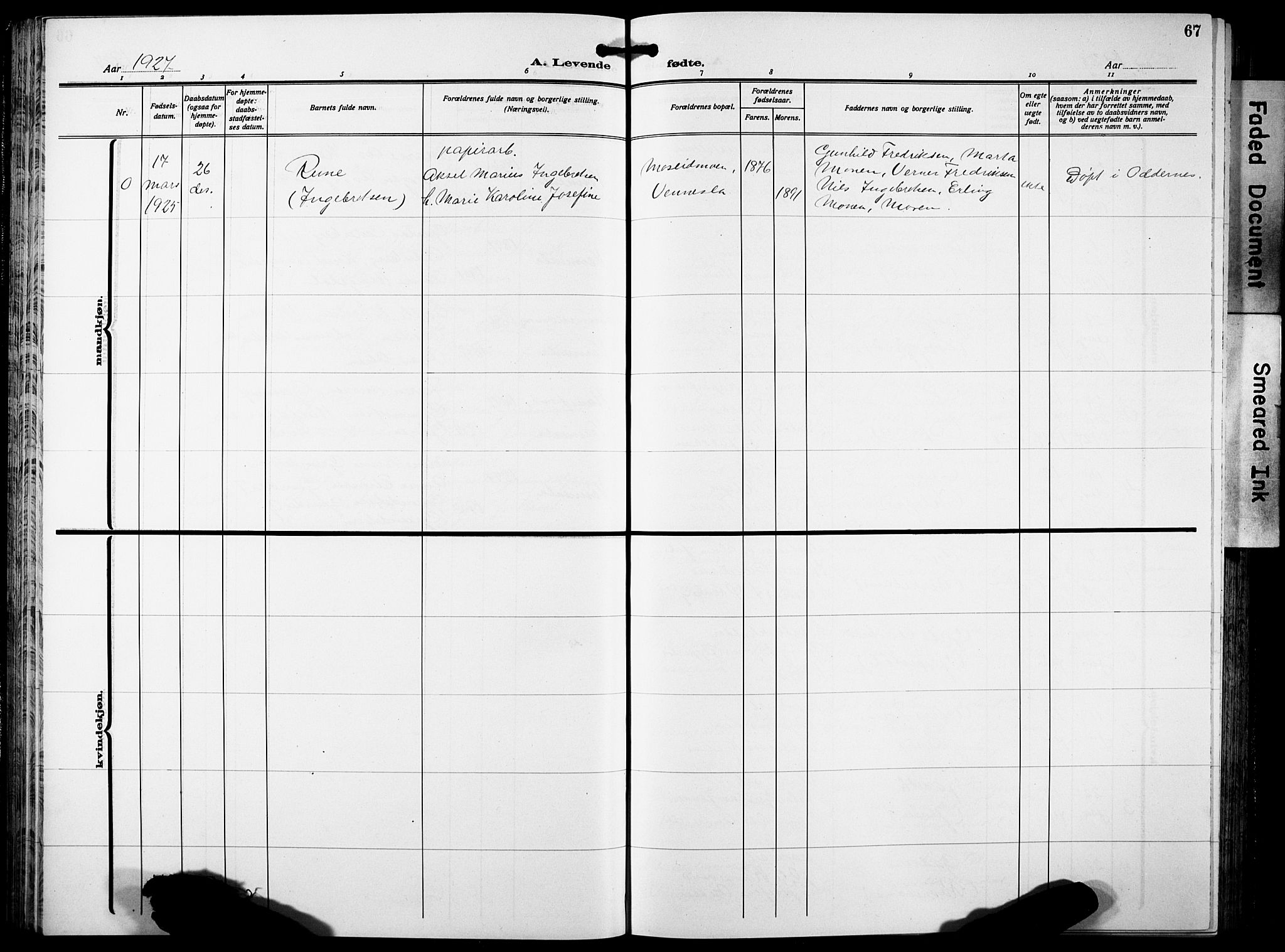 Vennesla sokneprestkontor, AV/SAK-1111-0045/Fb/Fbb/L0007: Parish register (copy) no. B 7, 1922-1933, p. 67