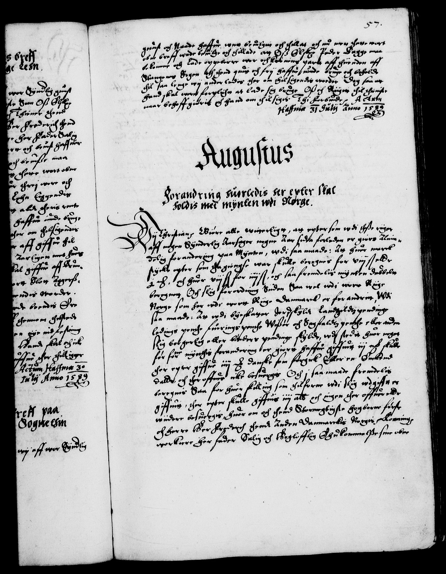 Danske Kanselli 1572-1799, RA/EA-3023/F/Fc/Fca/Fcaa/L0002: Norske registre (mikrofilm), 1588-1596, p. 57a