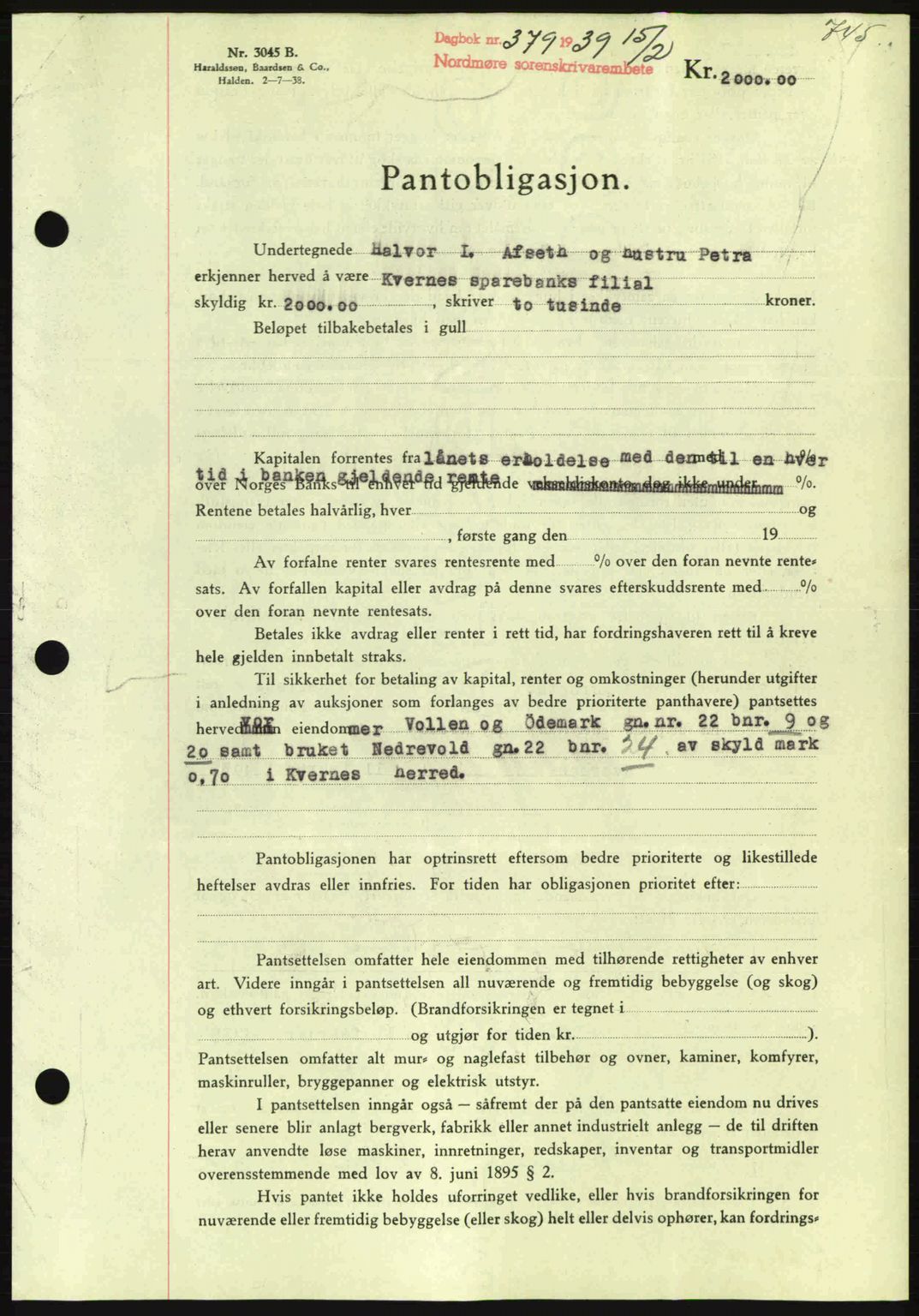 Nordmøre sorenskriveri, SAT/A-4132/1/2/2Ca: Mortgage book no. B84, 1938-1939, Diary no: : 379/1939