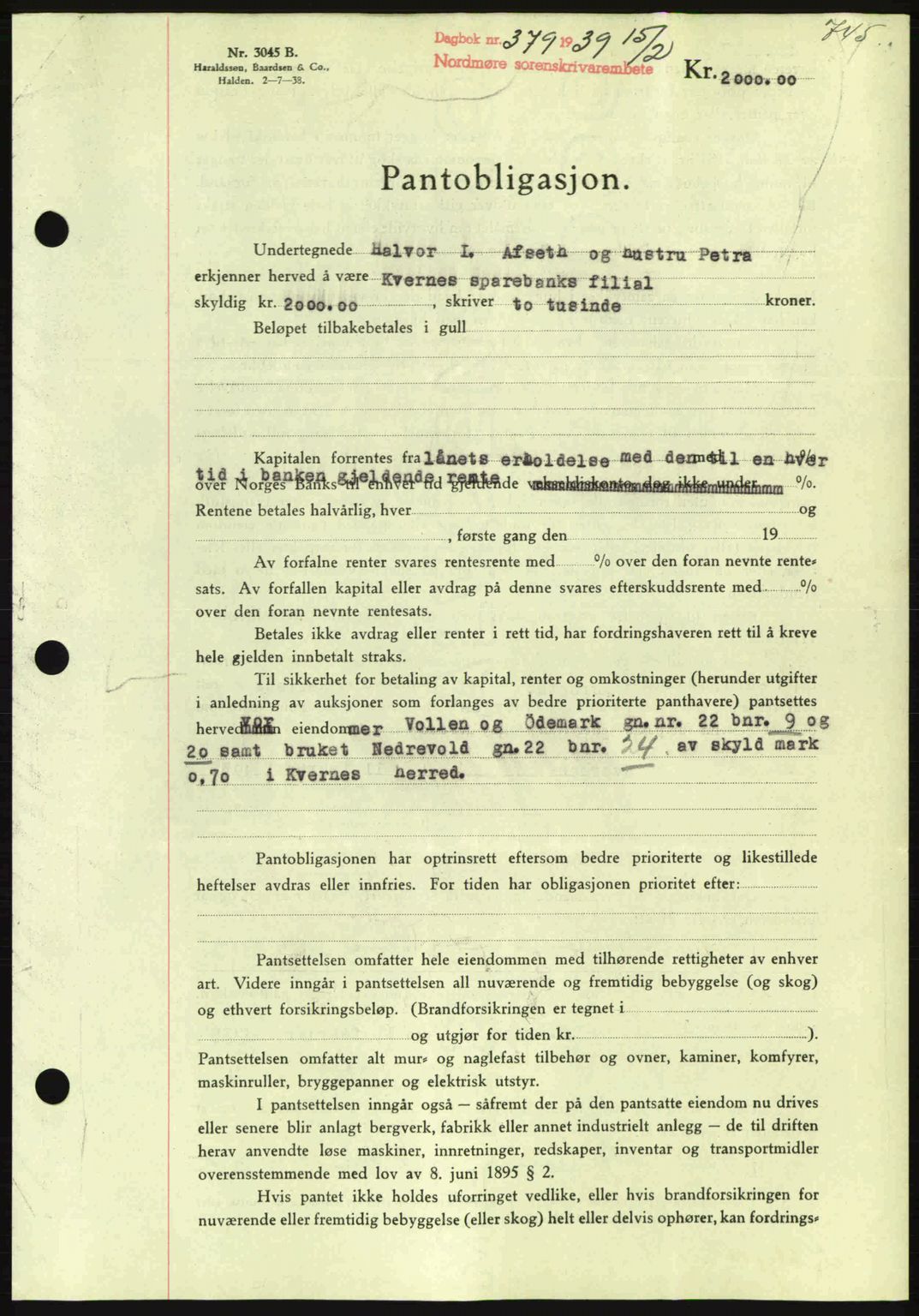 Nordmøre sorenskriveri, AV/SAT-A-4132/1/2/2Ca: Mortgage book no. B84, 1938-1939, Diary no: : 379/1939