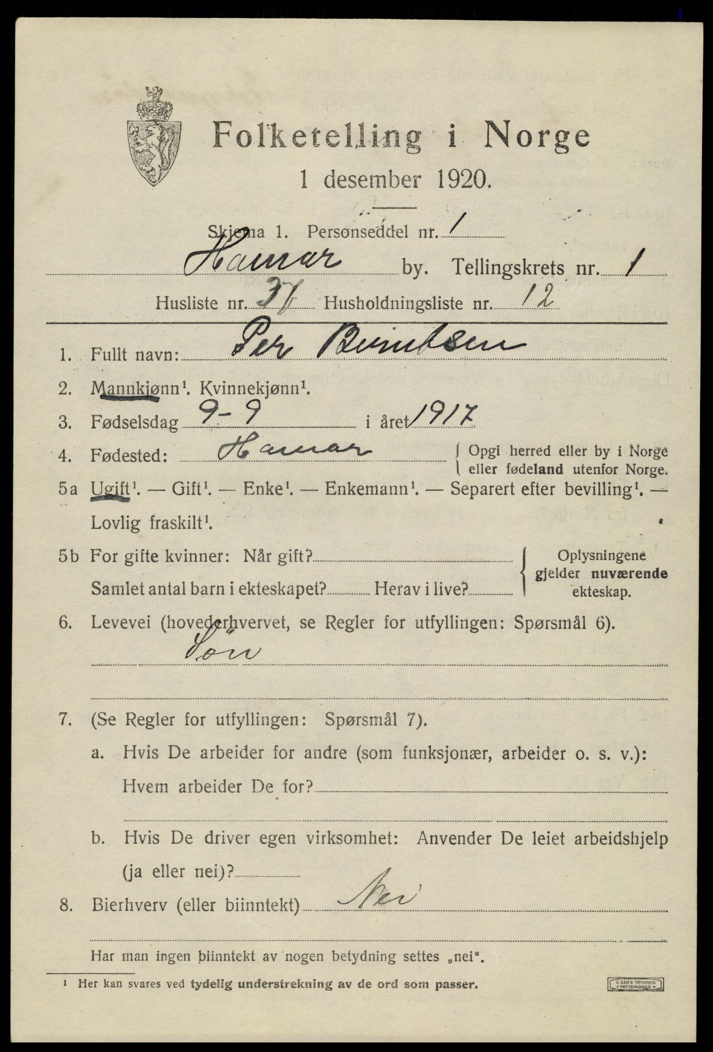 SAH, 1920 census for Hamar, 1920, p. 5161