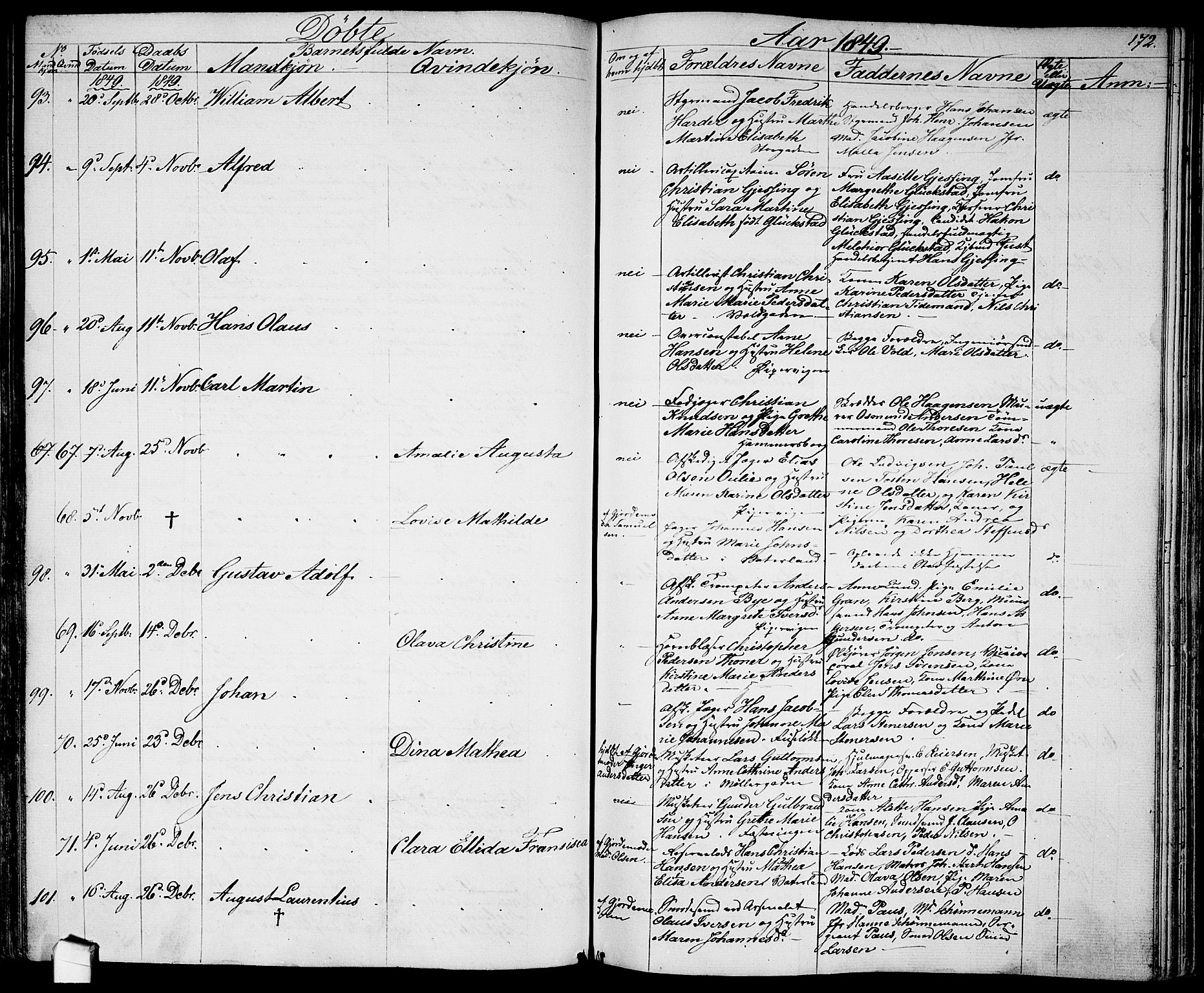 Garnisonsmenigheten Kirkebøker, SAO/A-10846/G/Ga/L0005: Parish register (copy) no. 5, 1841-1860, p. 172