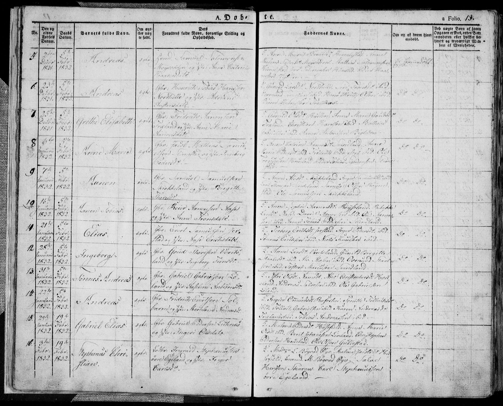 Kvinesdal sokneprestkontor, SAK/1111-0026/F/Fa/Fab/L0004: Parish register (official) no. A 4, 1829-1843, p. 13