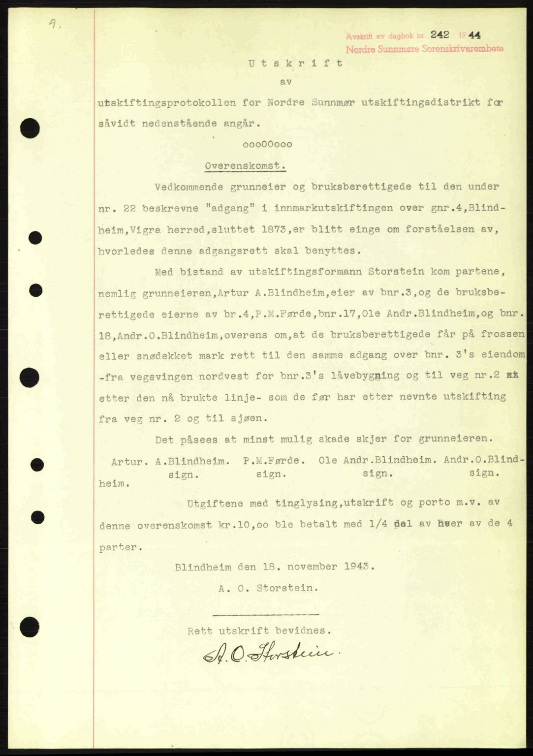 Nordre Sunnmøre sorenskriveri, AV/SAT-A-0006/1/2/2C/2Ca: Mortgage book no. A17, 1943-1944, Diary no: : 242/1944