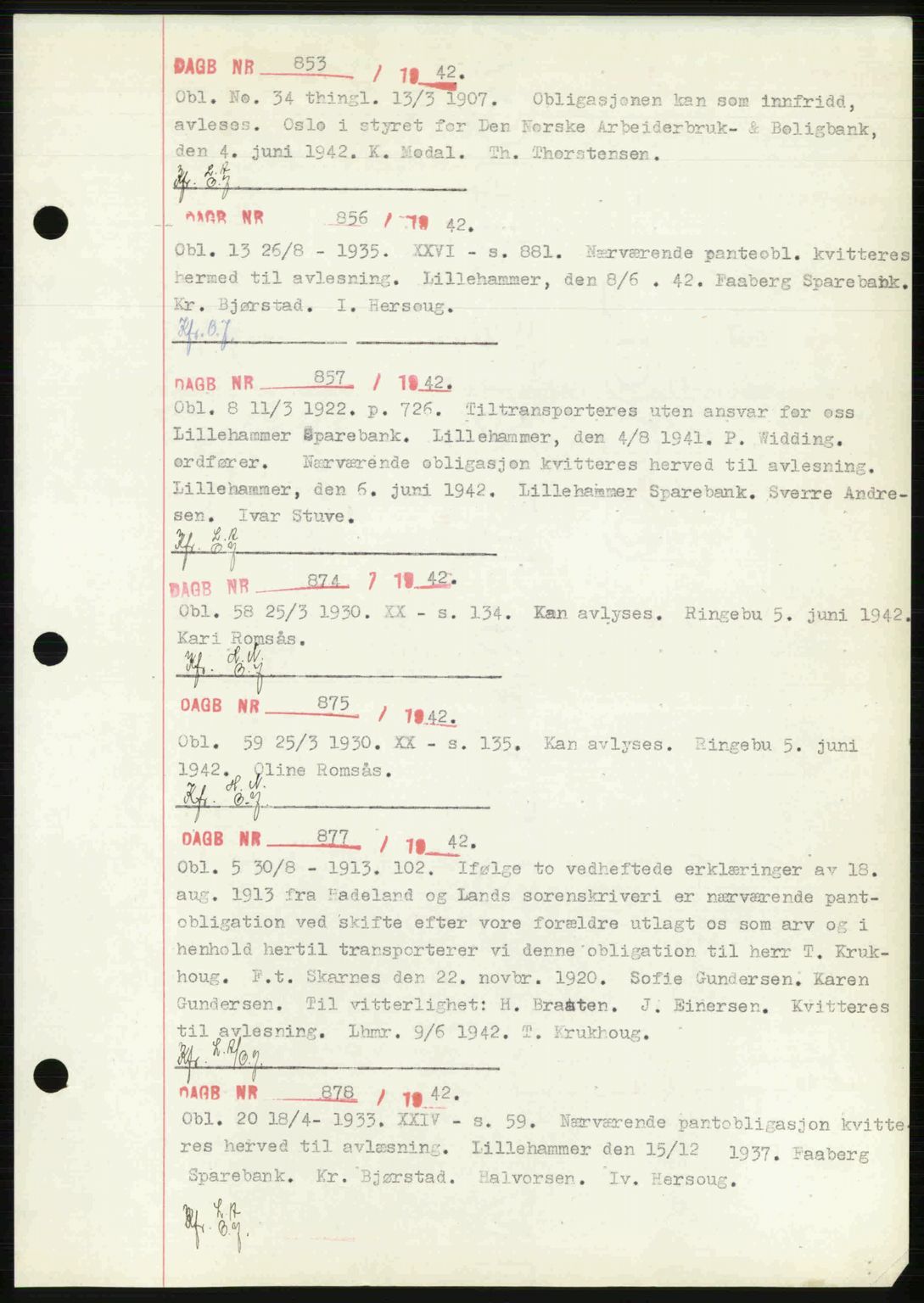 Sør-Gudbrandsdal tingrett, SAH/TING-004/H/Hb/Hbf/L0002: Mortgage book no. C1, 1938-1951, Diary no: : 853/1942