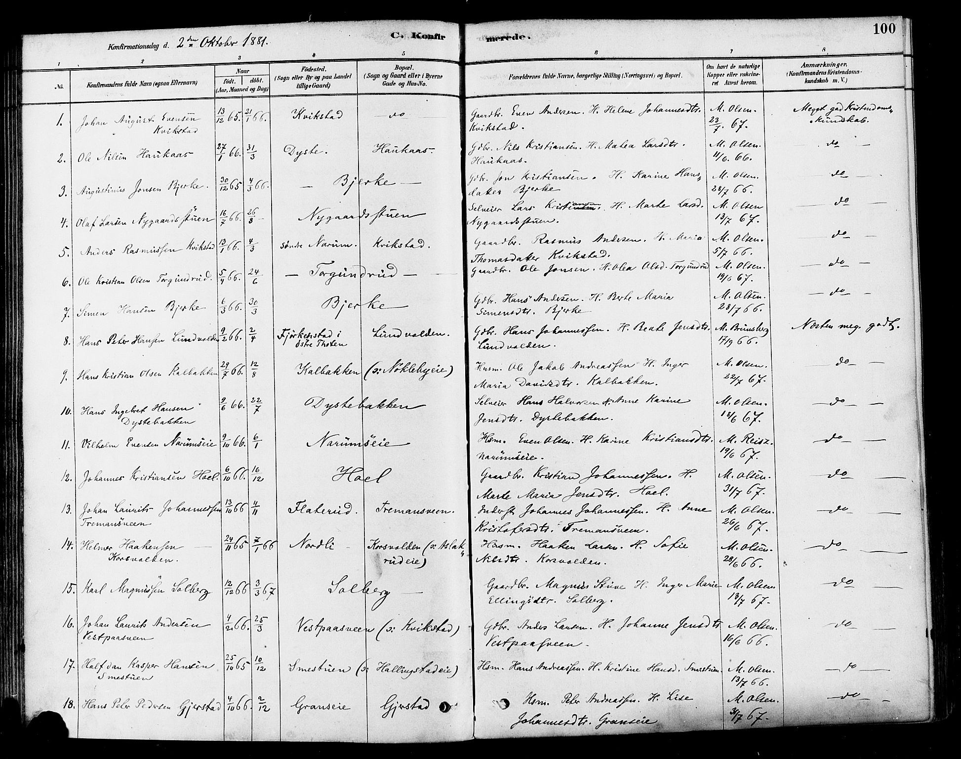 Vestre Toten prestekontor, SAH/PREST-108/H/Ha/Haa/L0010: Parish register (official) no. 10, 1878-1894, p. 100