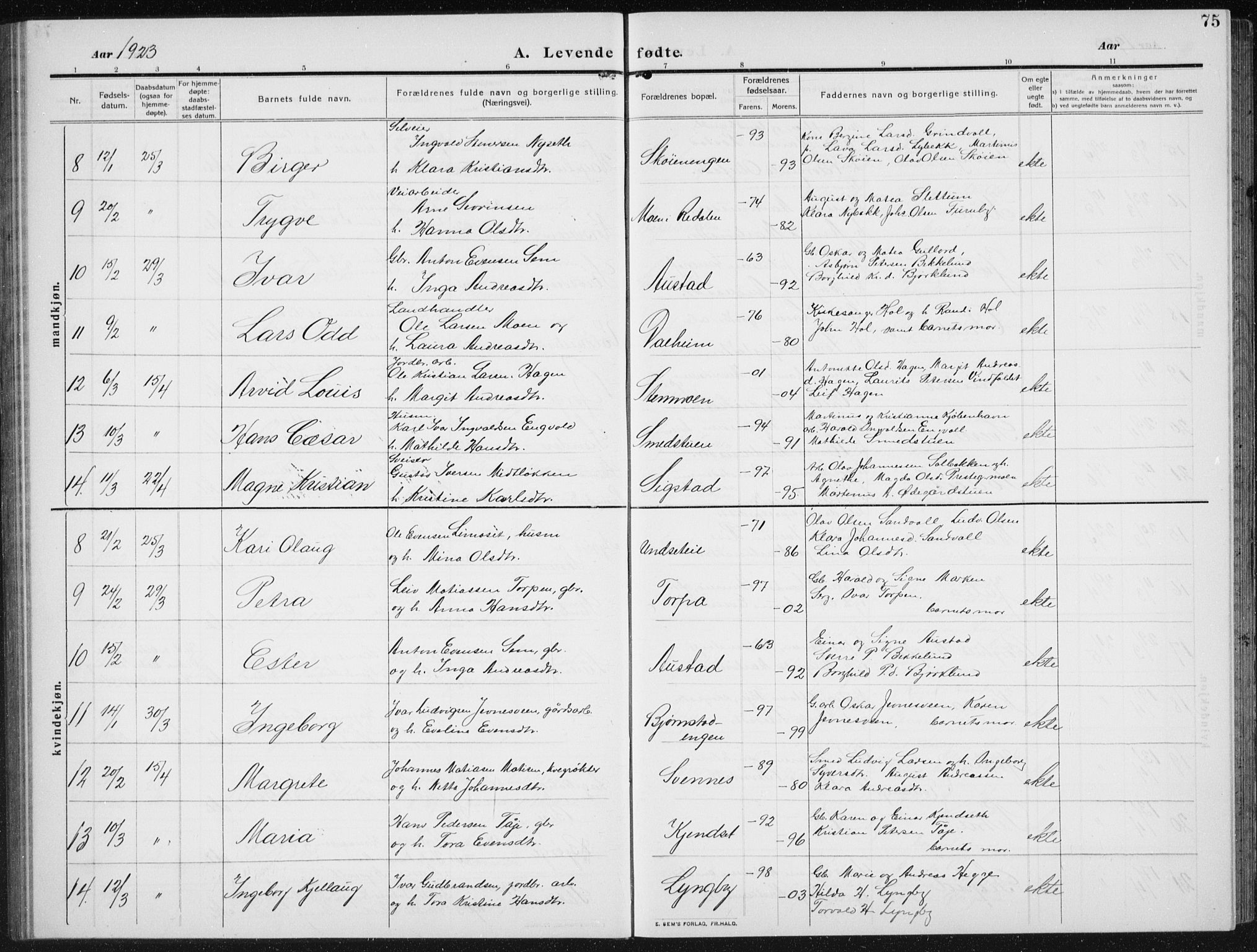 Biri prestekontor, AV/SAH-PREST-096/H/Ha/Hab/L0006: Parish register (copy) no. 6, 1909-1938, p. 75