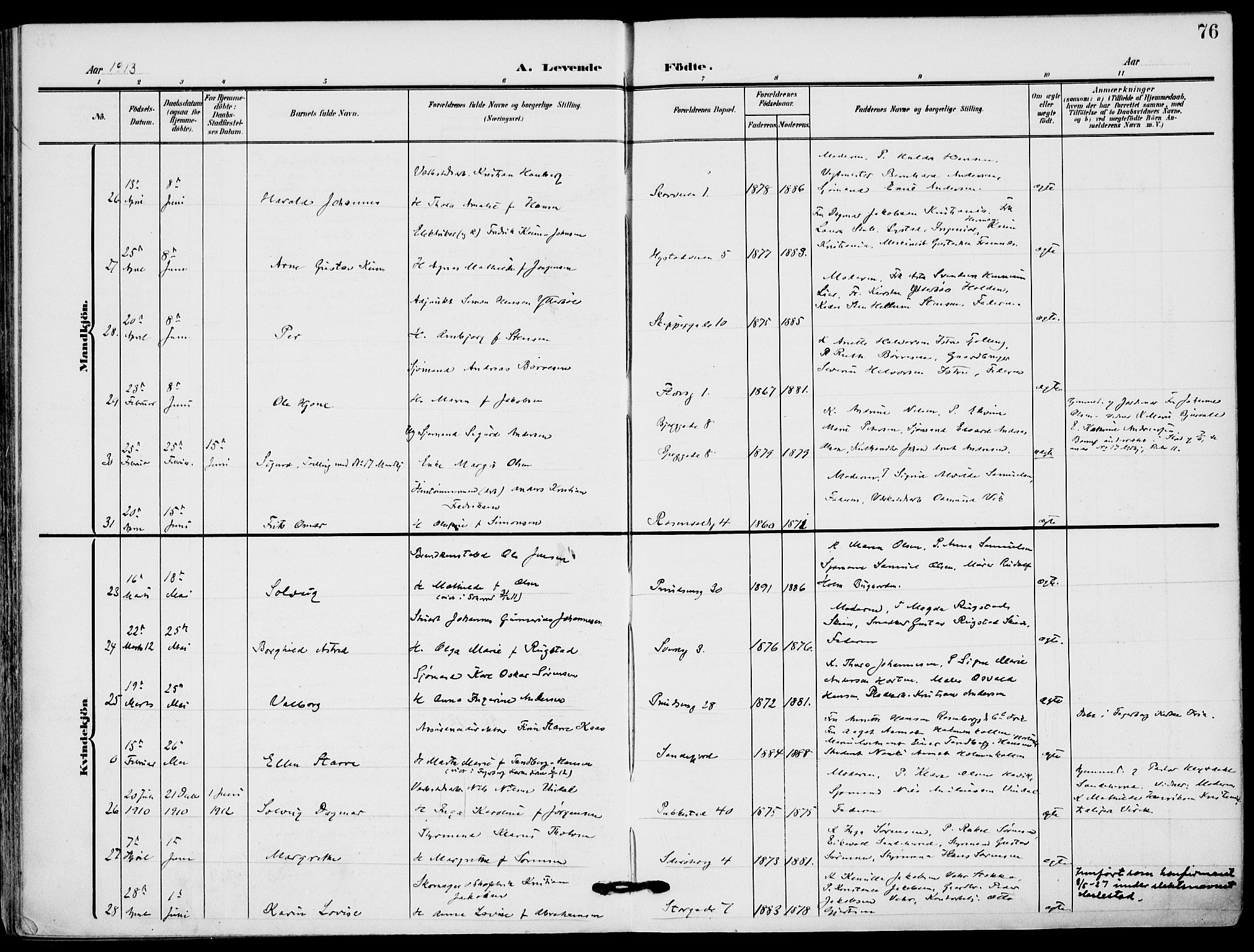 Sandefjord kirkebøker, AV/SAKO-A-315/F/Fa/L0005: Parish register (official) no. 5, 1906-1915, p. 76