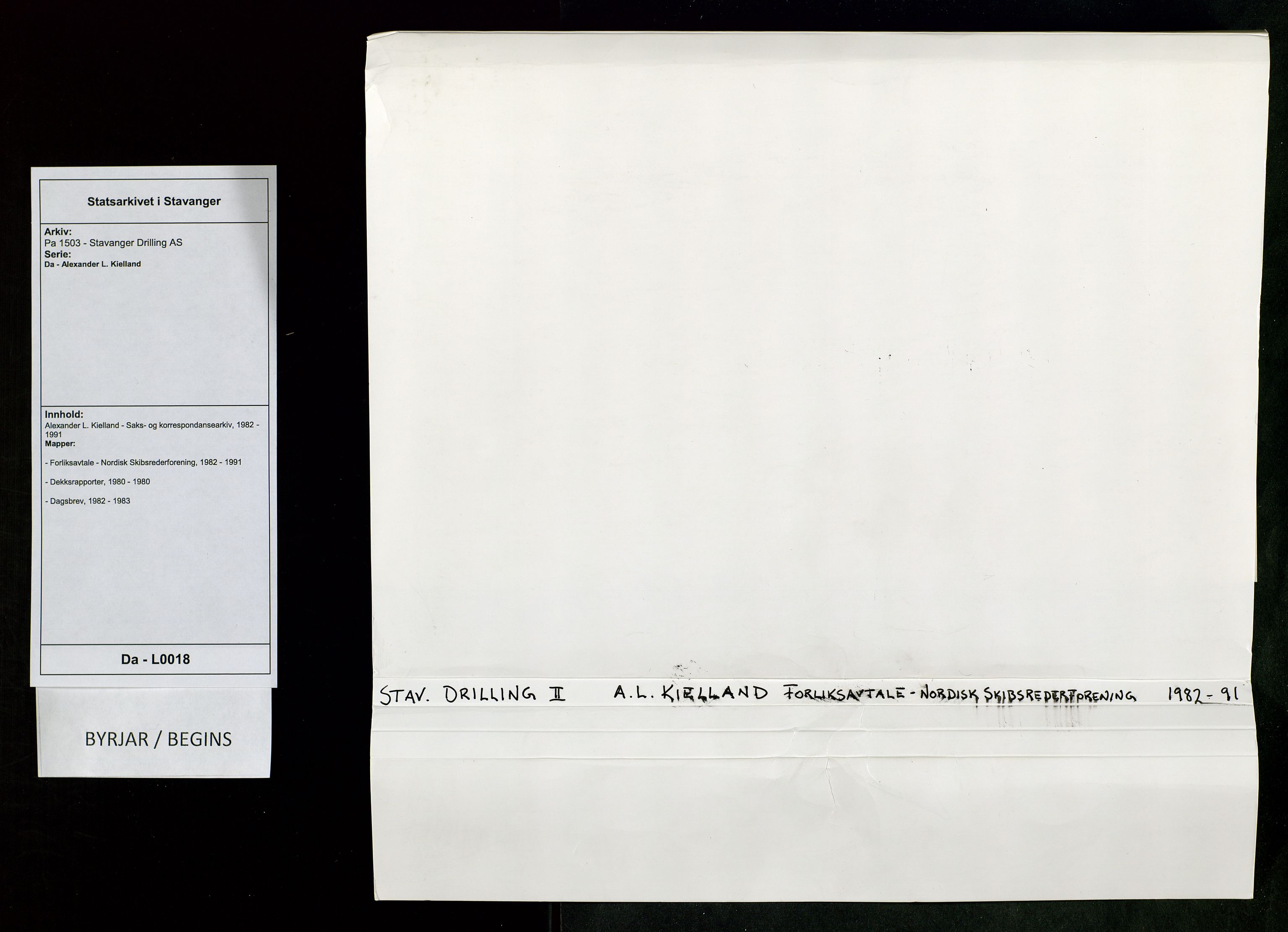 Pa 1503 - Stavanger Drilling AS, AV/SAST-A-101906/Da/L0018: Alexander L. Kielland - Saks- og korrespondansearkiv, 1982-1991, p. 1