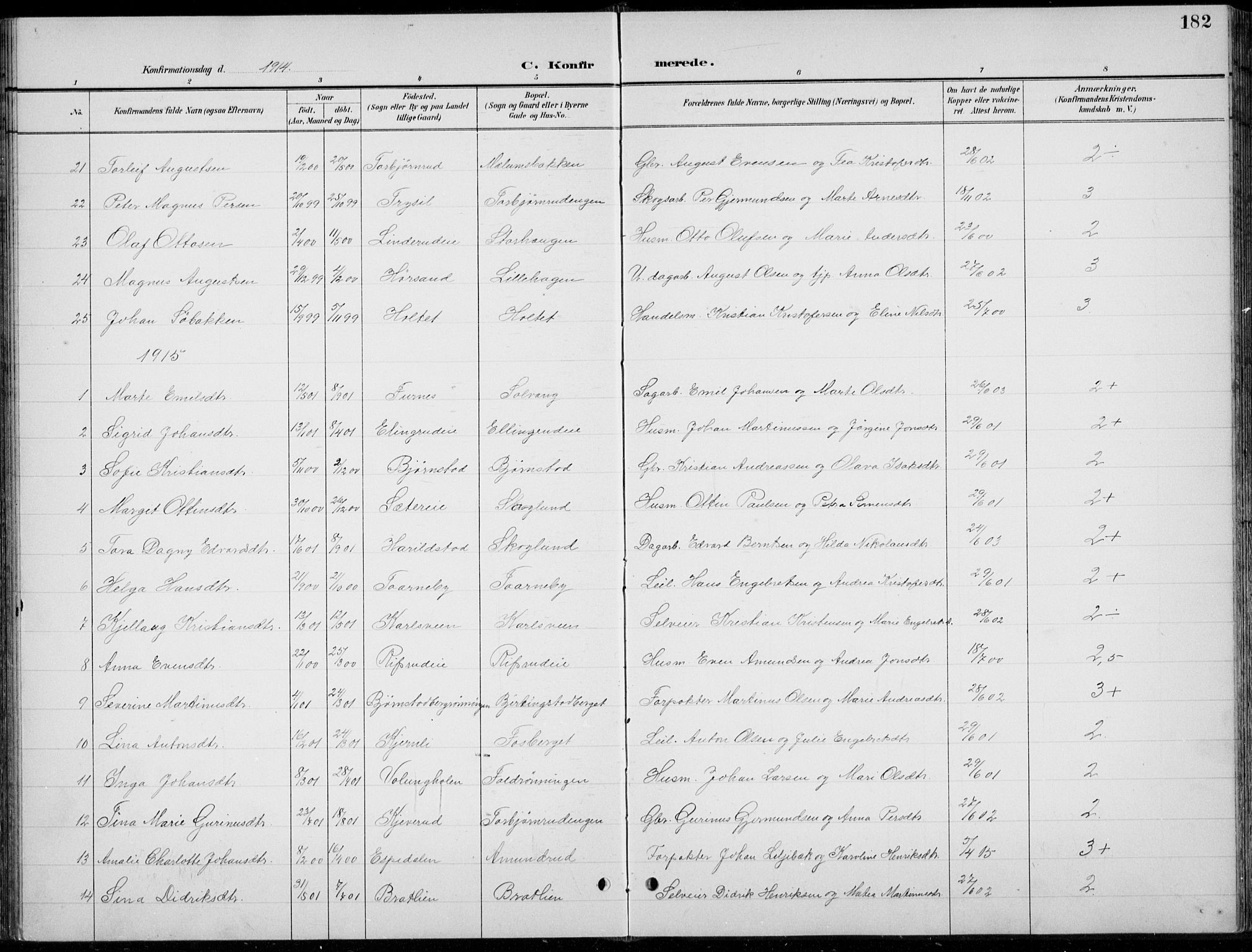 Romedal prestekontor, SAH/PREST-004/L/L0013: Parish register (copy) no. 13, 1896-1937, p. 182