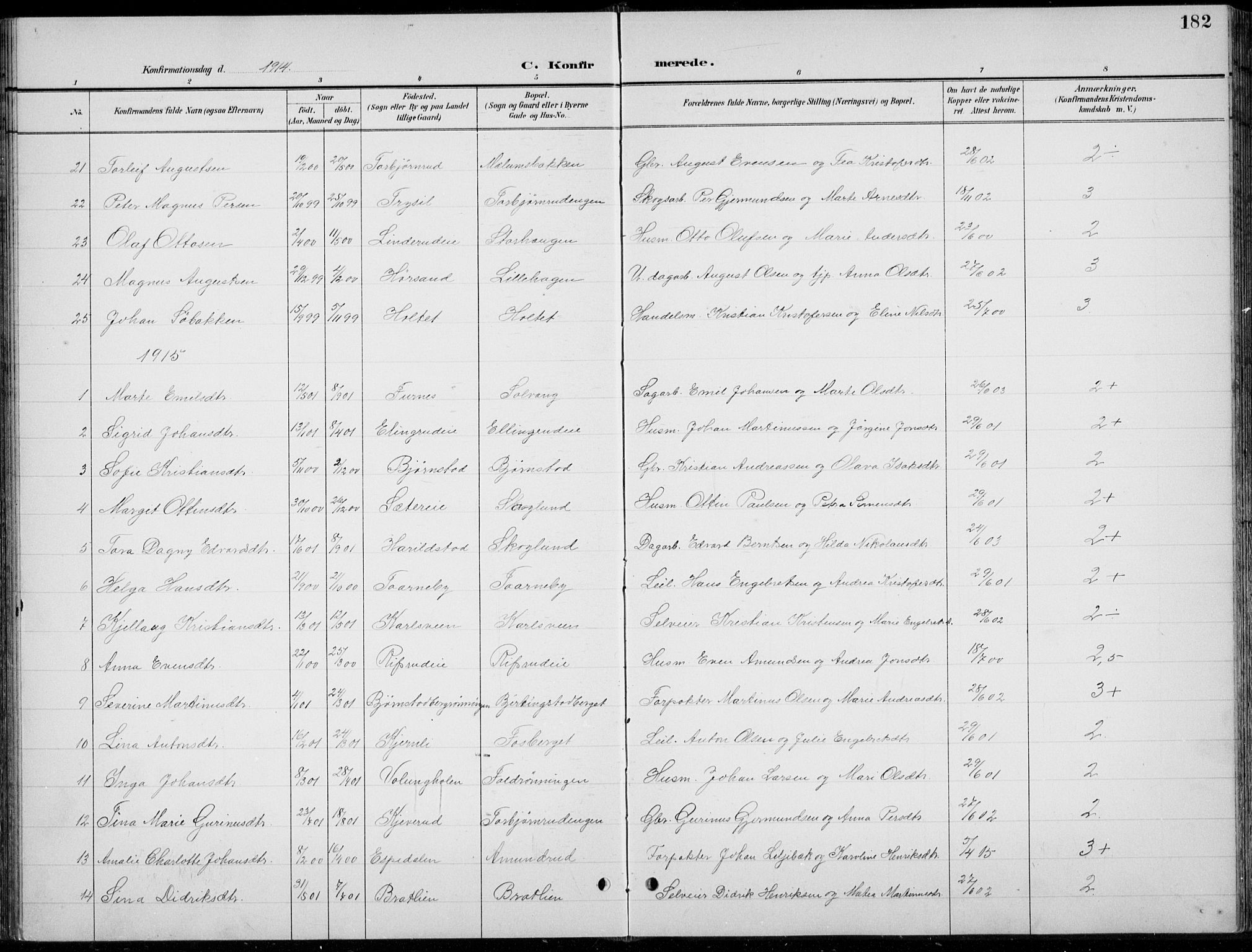 Romedal prestekontor, AV/SAH-PREST-004/L/L0013: Parish register (copy) no. 13, 1896-1937, p. 182