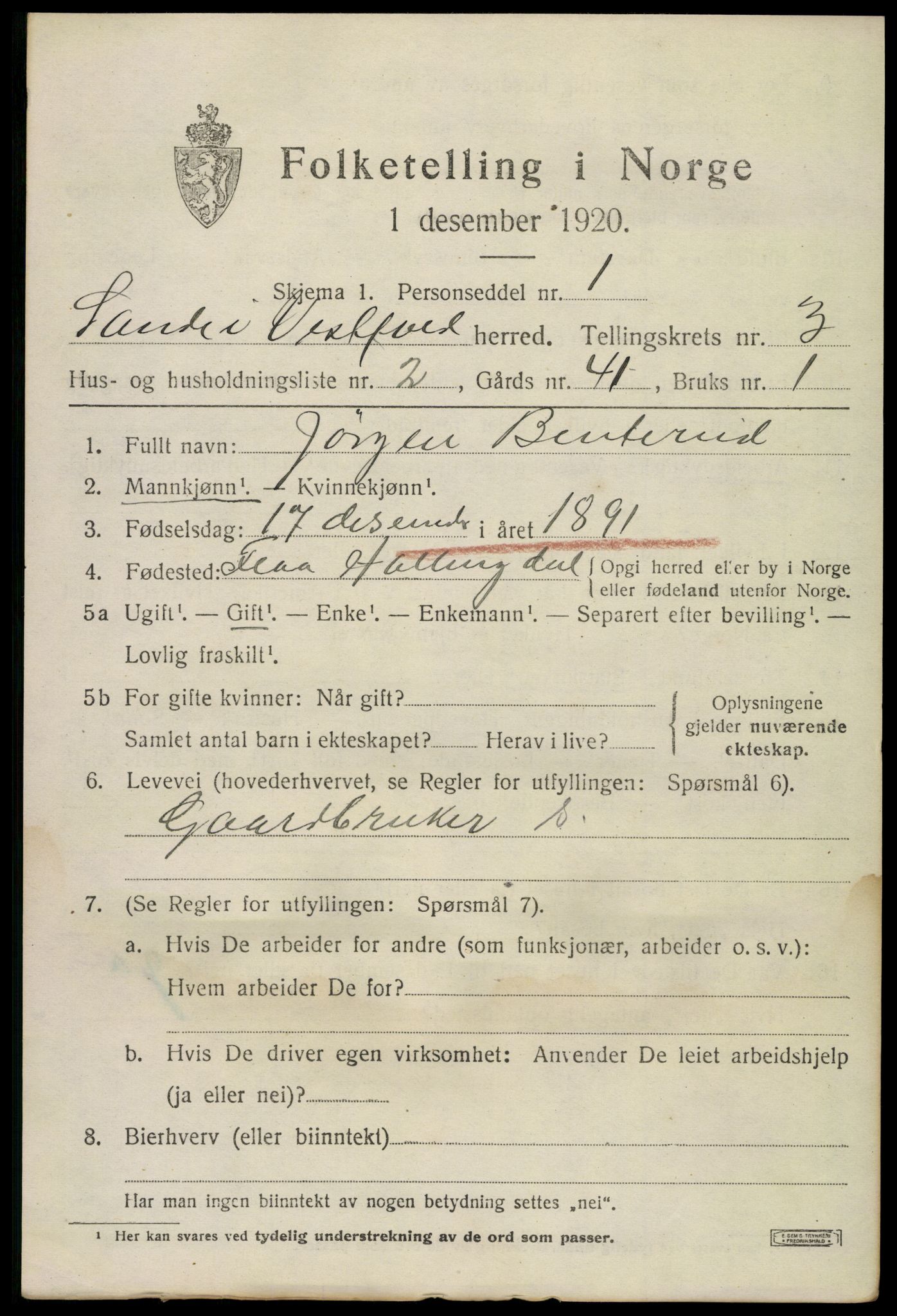 SAKO, 1920 census for Sande, 1920, p. 4060