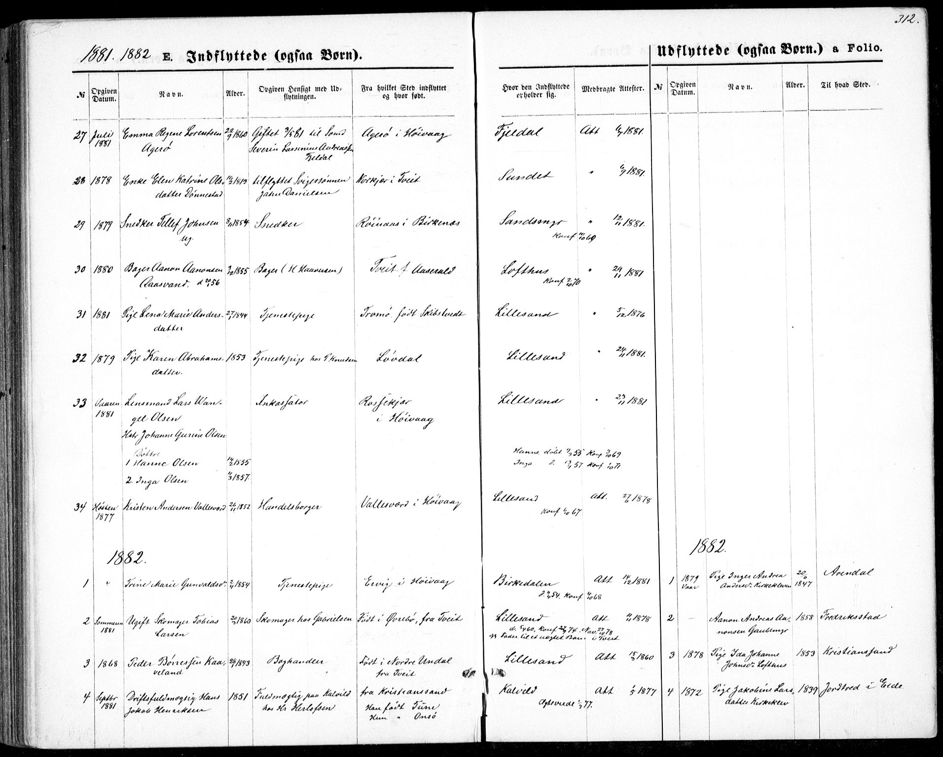 Vestre Moland sokneprestkontor, AV/SAK-1111-0046/F/Fb/Fbb/L0005: Parish register (copy) no. B 5, 1872-1883, p. 312