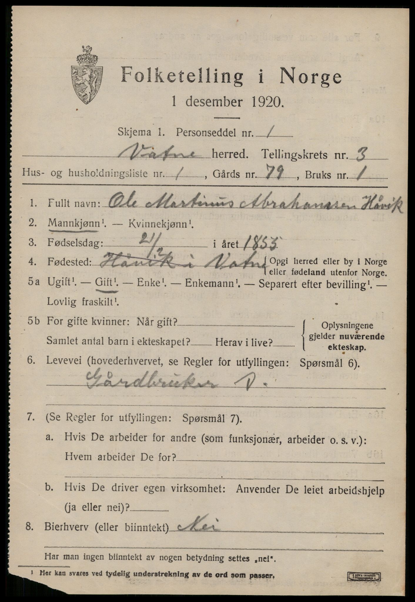 SAT, 1920 census for Vatne, 1920, p. 1398