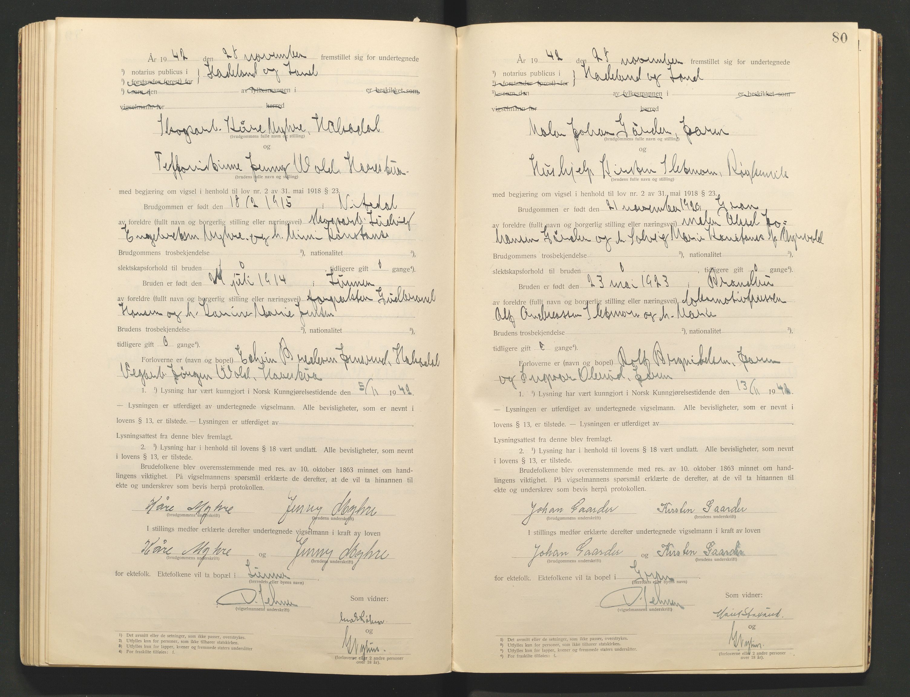 Hadeland og Land tingrett, AV/SAH-TING-010/L/Lb/L0001: Vigselbok, 1920-1943, p. 80